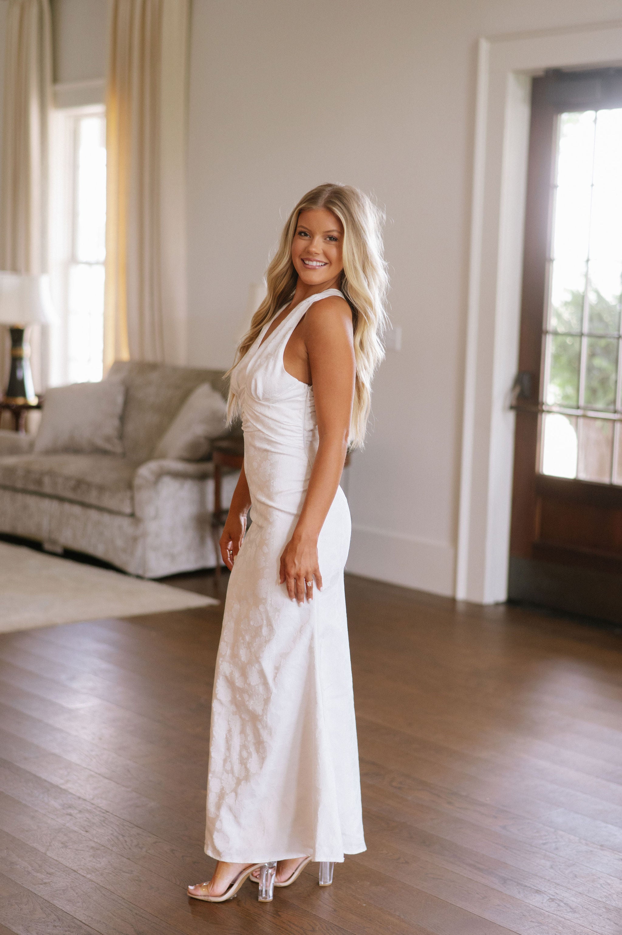 Plunge Neck Embroidered Maxi Dress-White