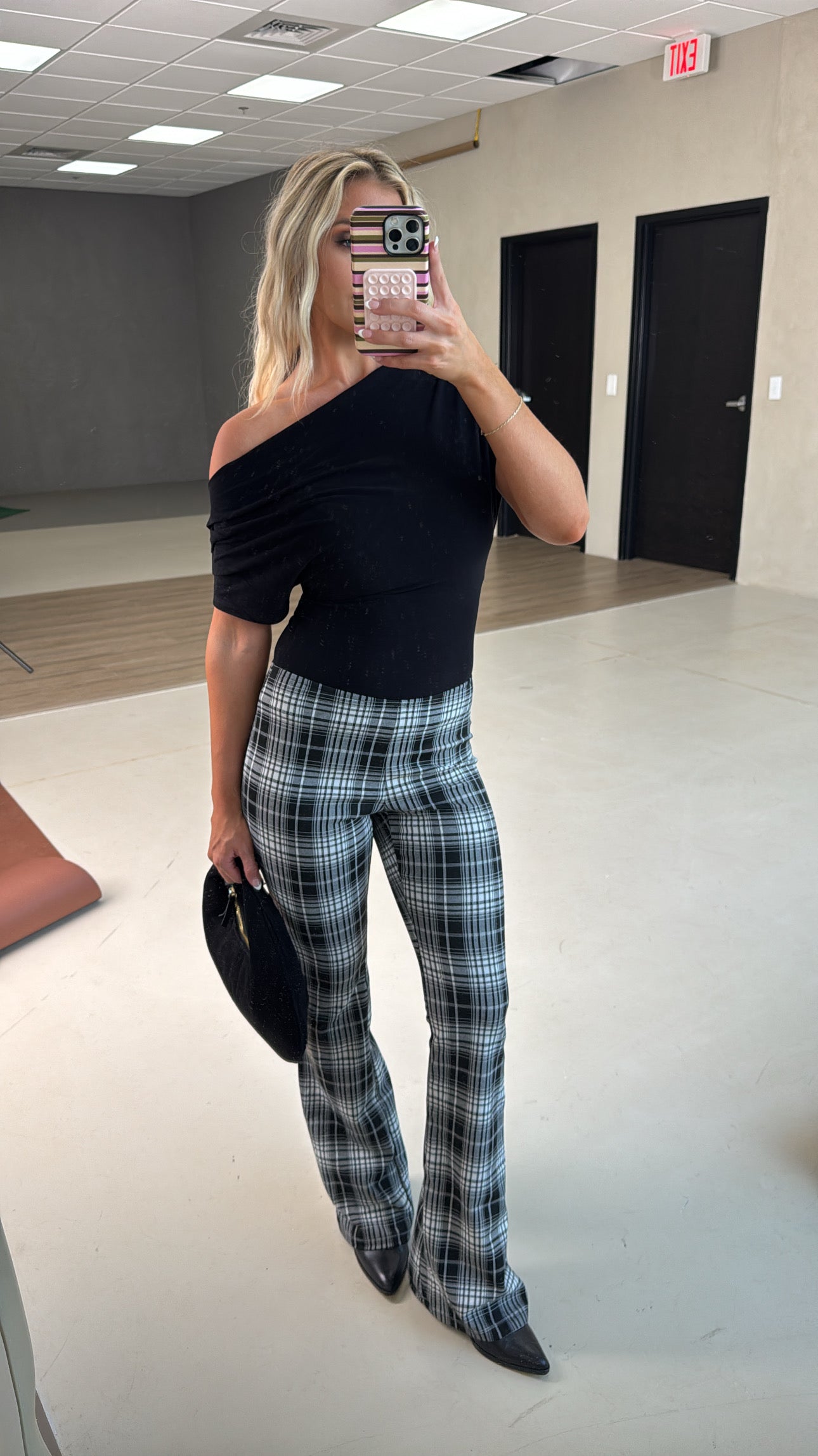 Frankie Plaid Flare Pants-Black/White