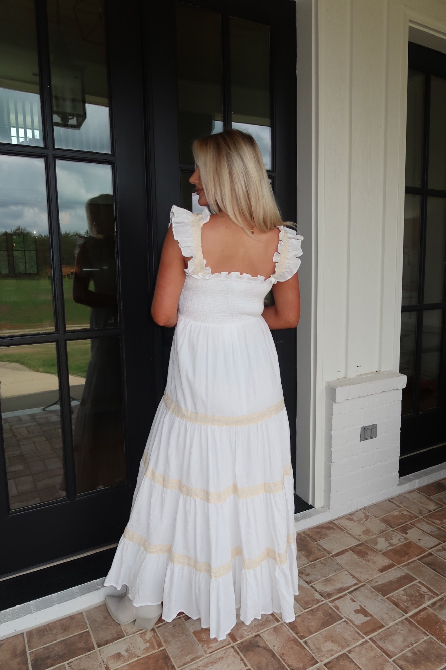 Smocked Ruffle Midi Dress-Off White