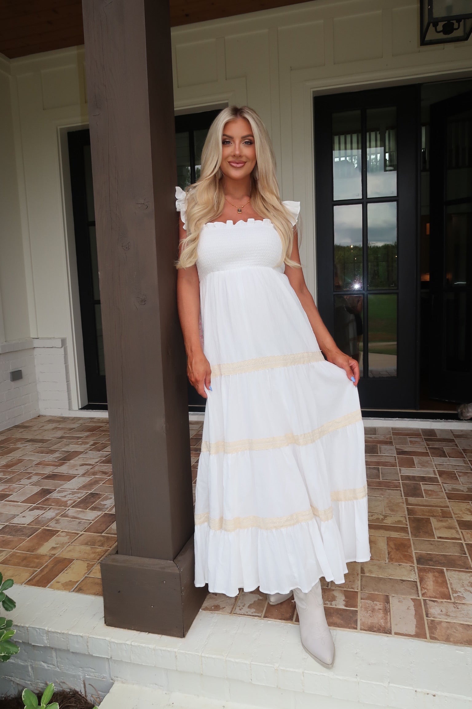 Smocked Ruffle Midi Dress-Off White