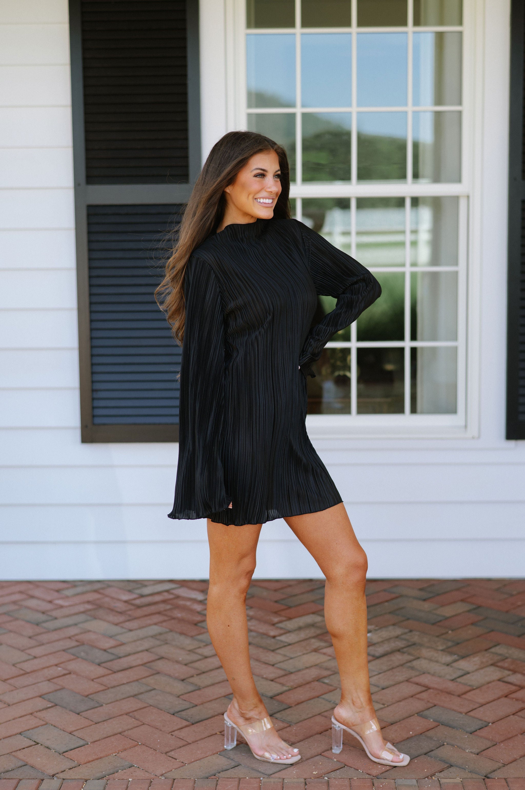 Mock Neck Pleated Mini Dress-Black