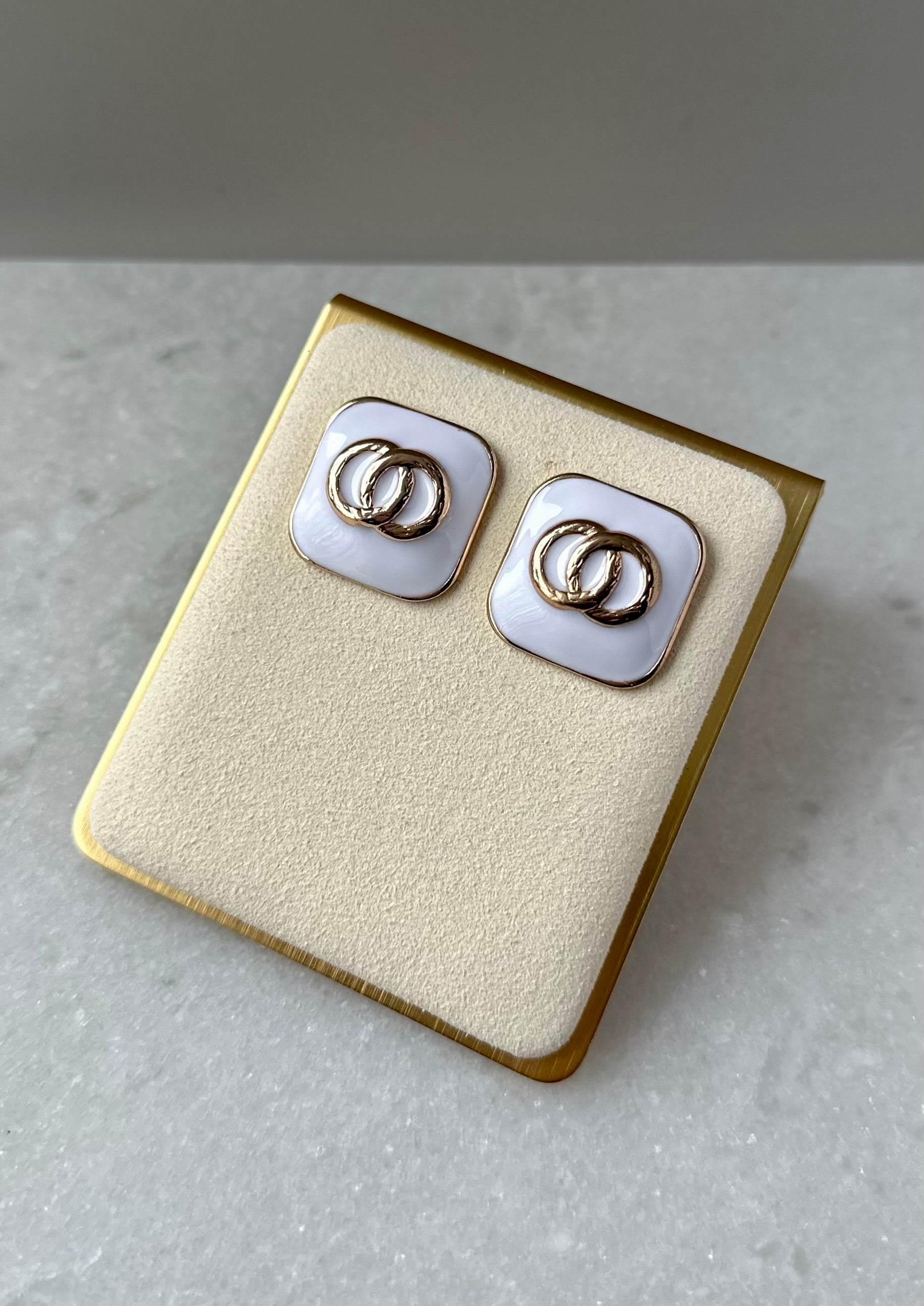 Statement Square Earrings- White/Gold