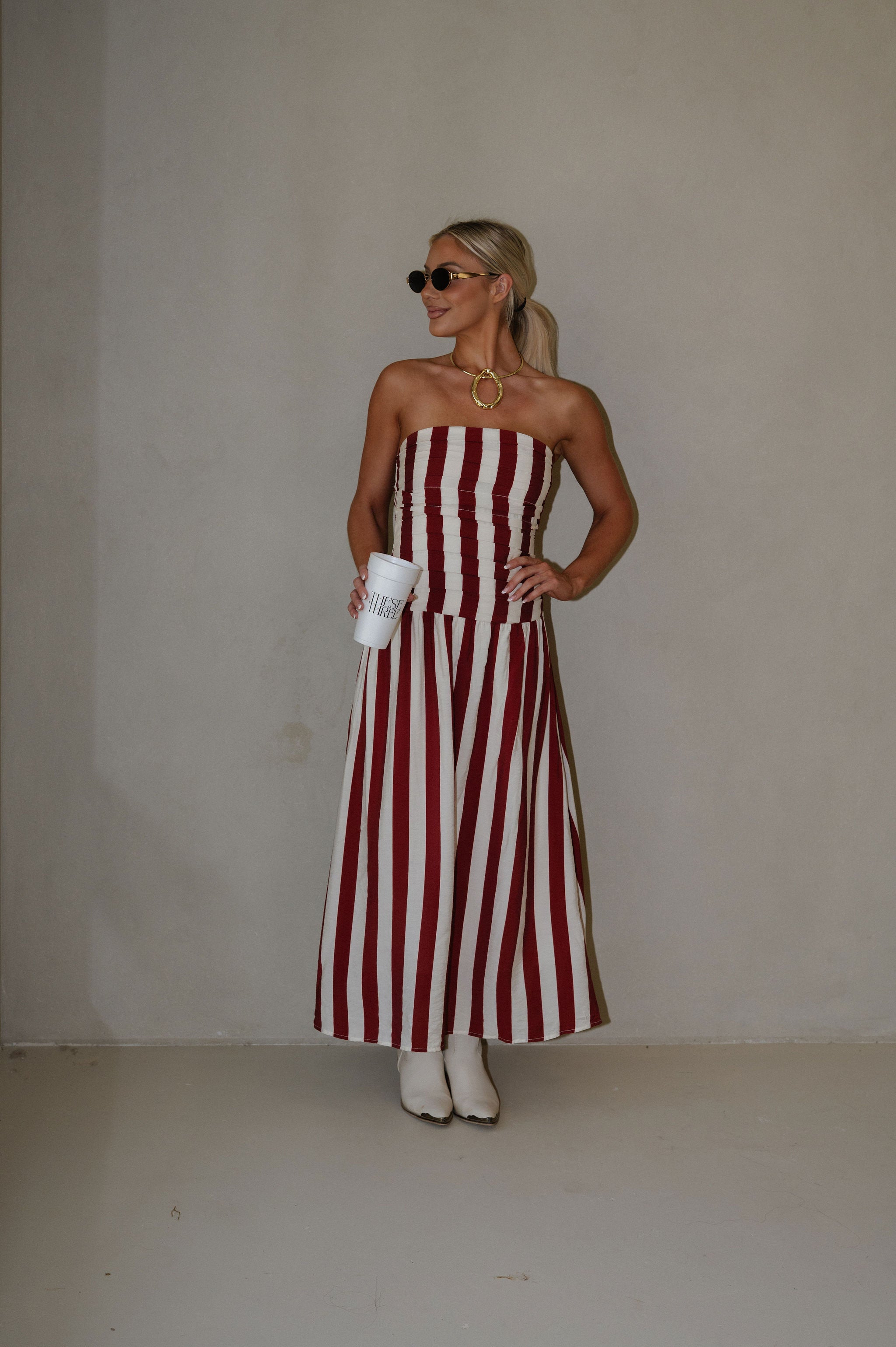 Vertical Stripe Strapless Midi Dress-Red