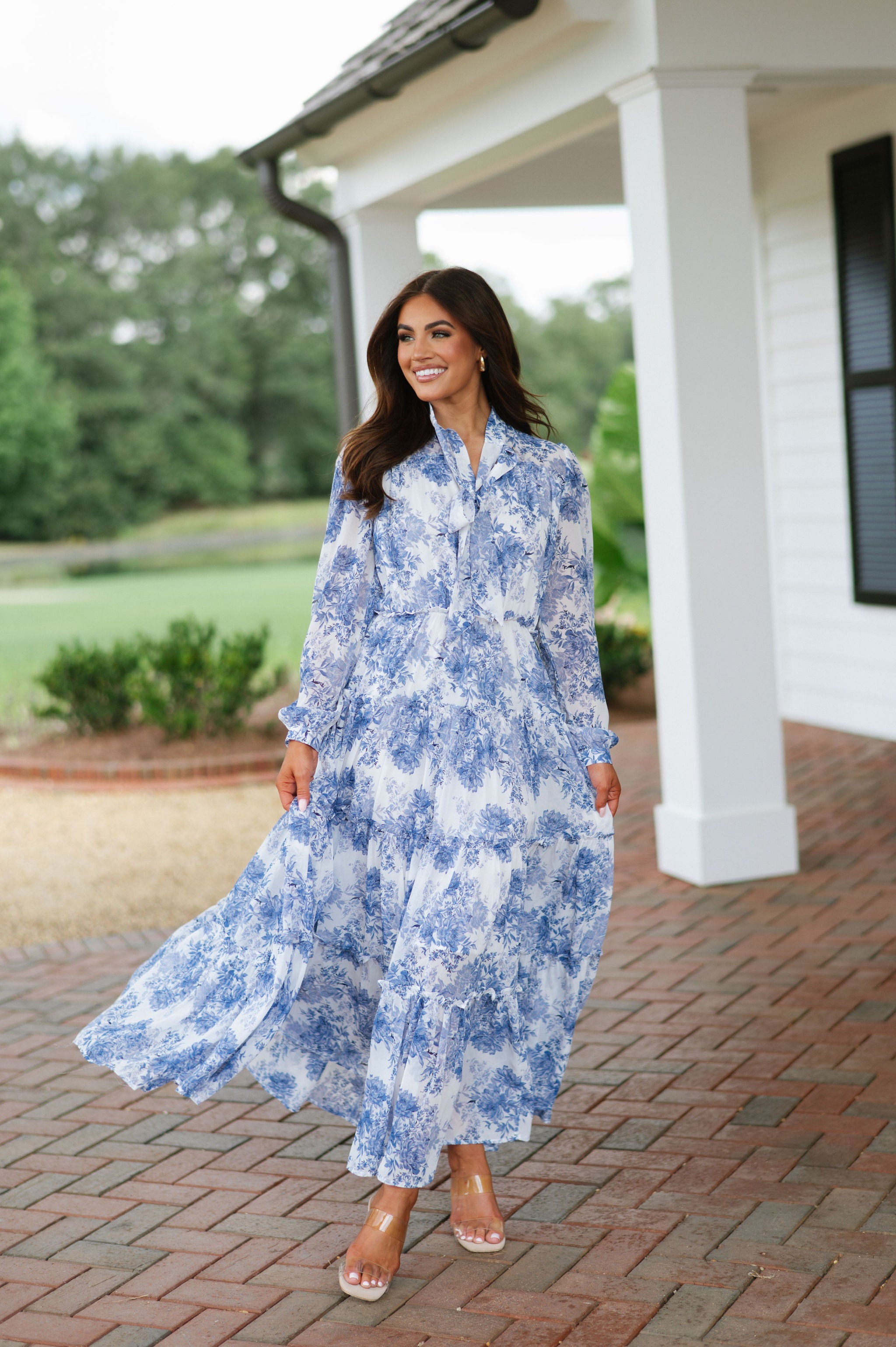 Floral Print Tiered Maxi Dress-Blue