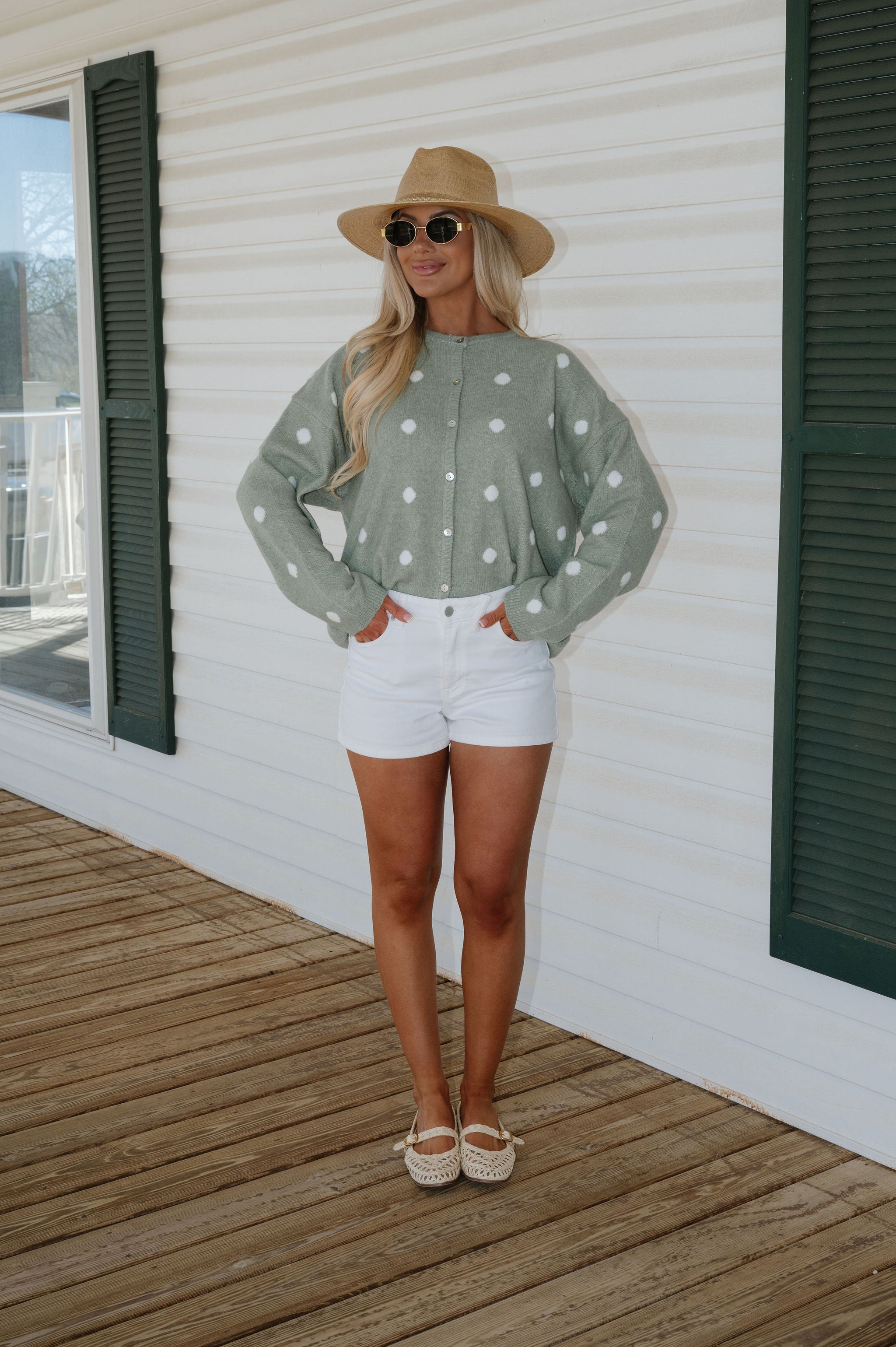 Corey Polka Dot Cardigan-Sage/White
