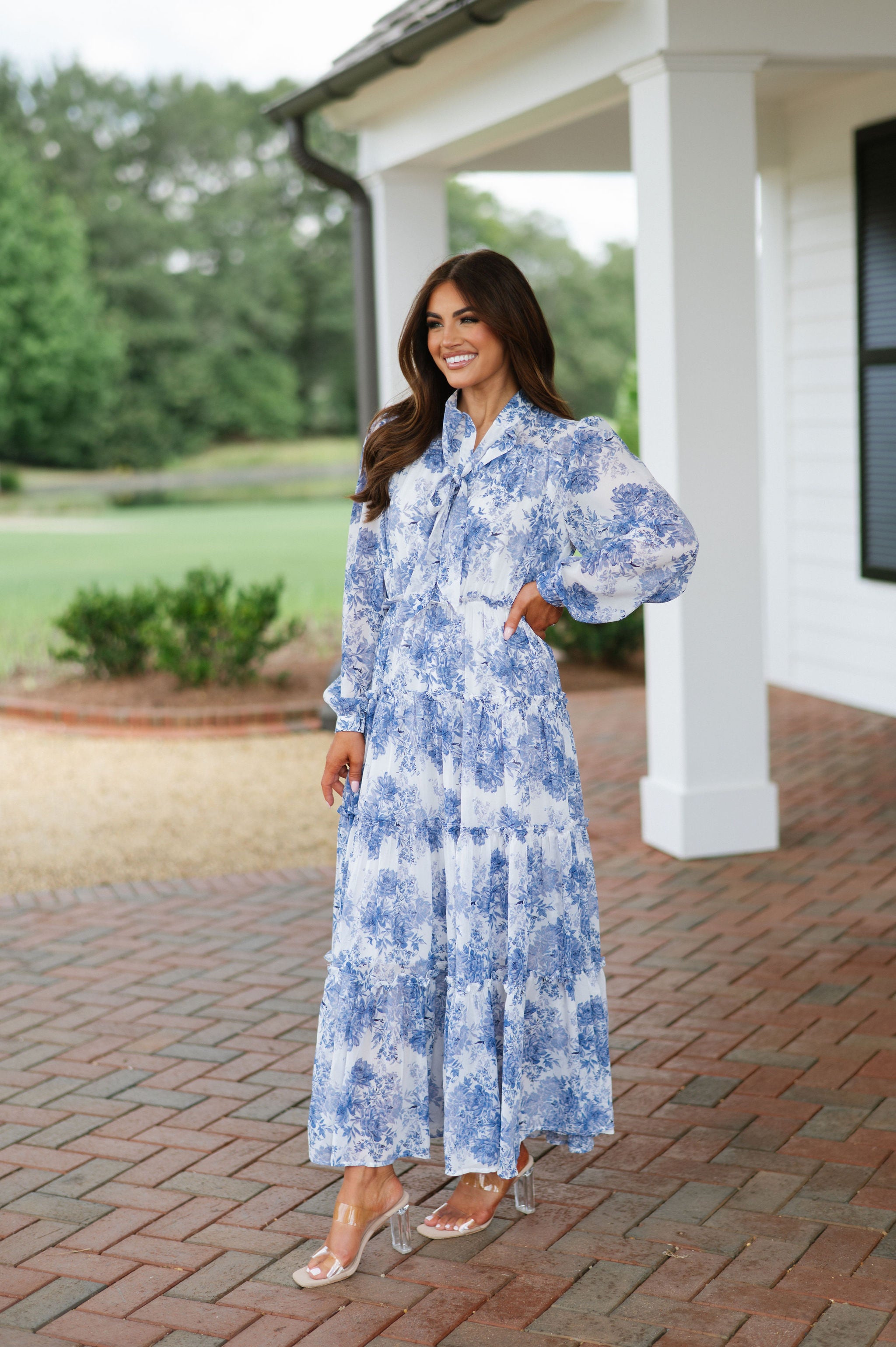 Floral Print Tiered Maxi Dress-Blue