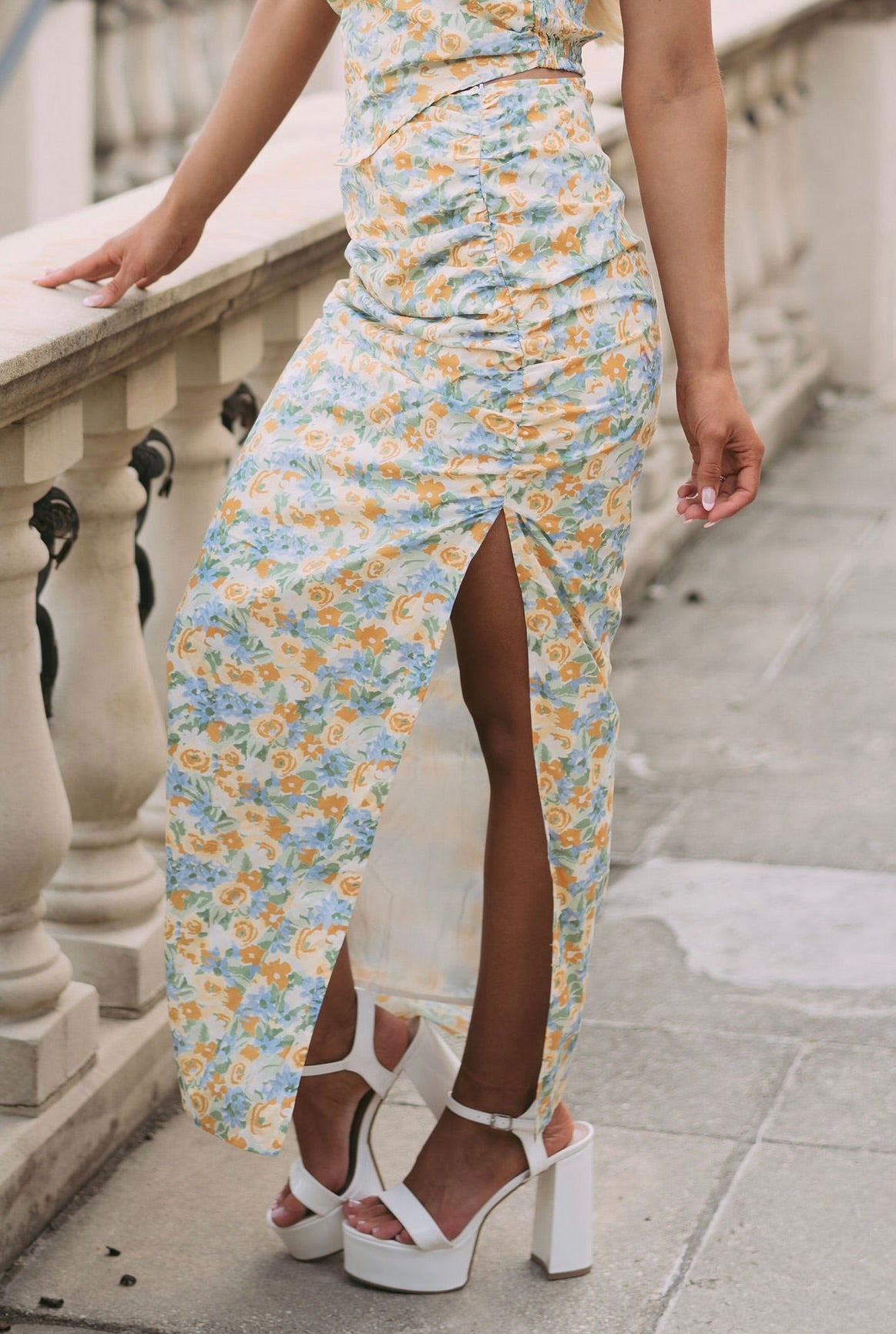 Floral Side Slit Skirt- Blue/Yellow