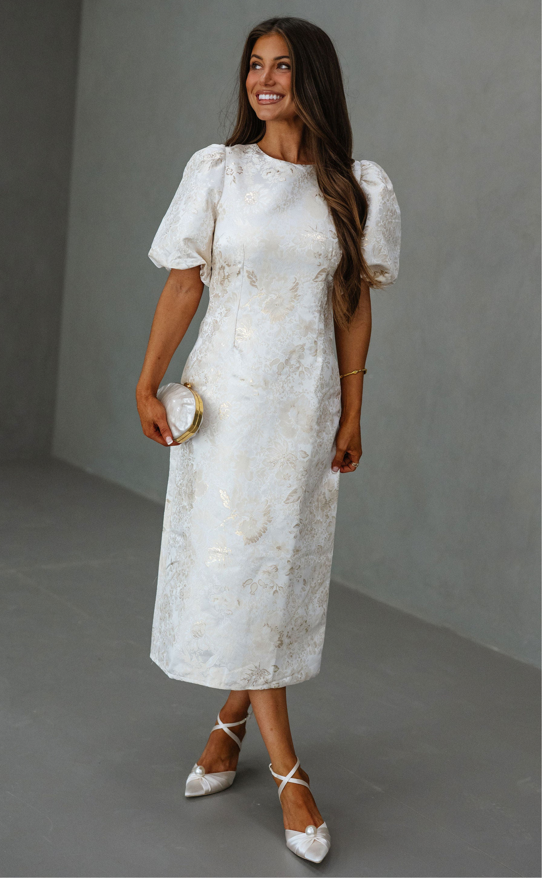 Lola Jacquard Cut Out Midi Dress-Champagne