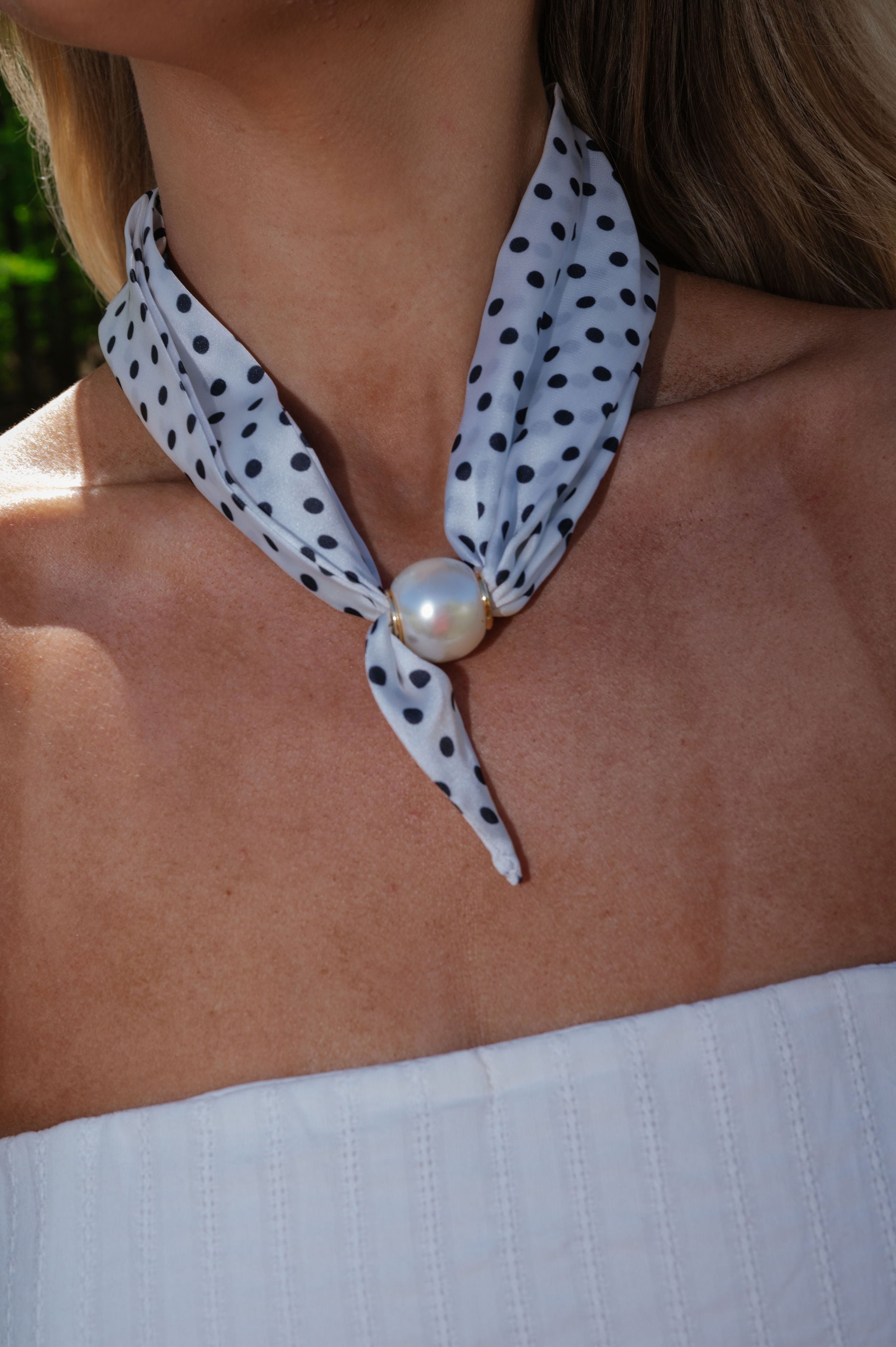 Pearl Polkadot Scarf Necklace- White/Cream
