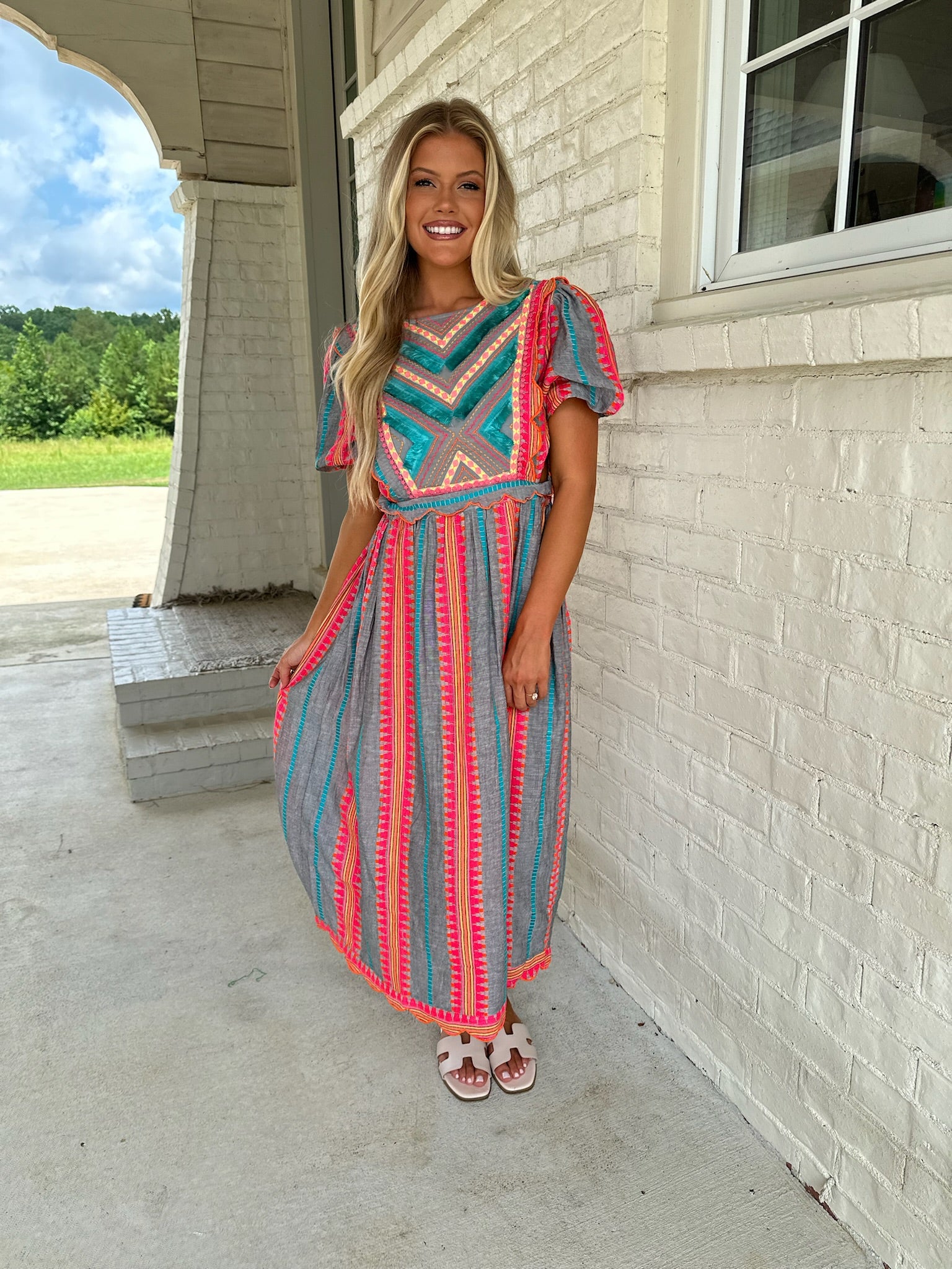 Embroidered Fringe Midi Dress- Multi