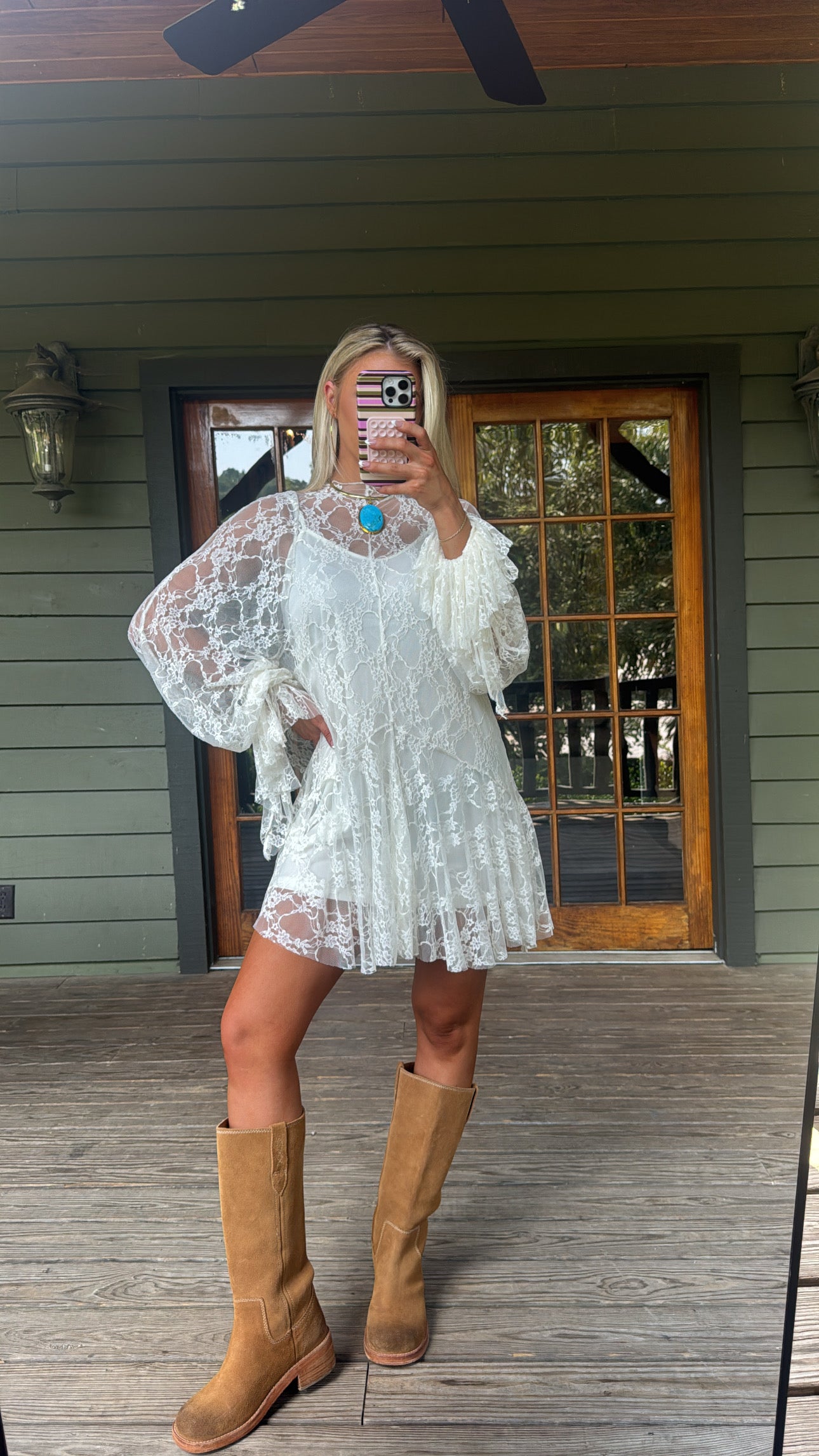 Floral Lace Layered Mini Dress-Cream