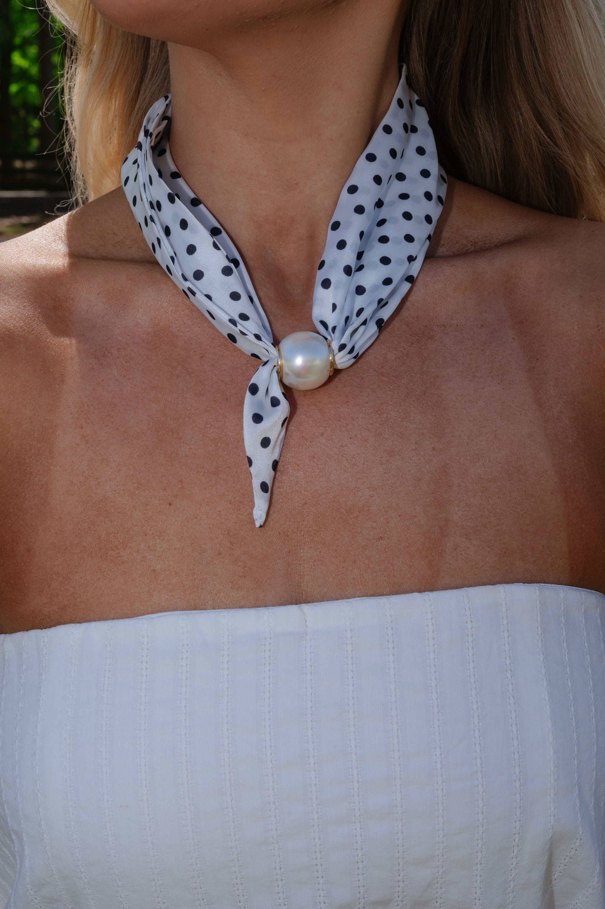 Pearl Polkadot Scarf Necklace- White/Cream