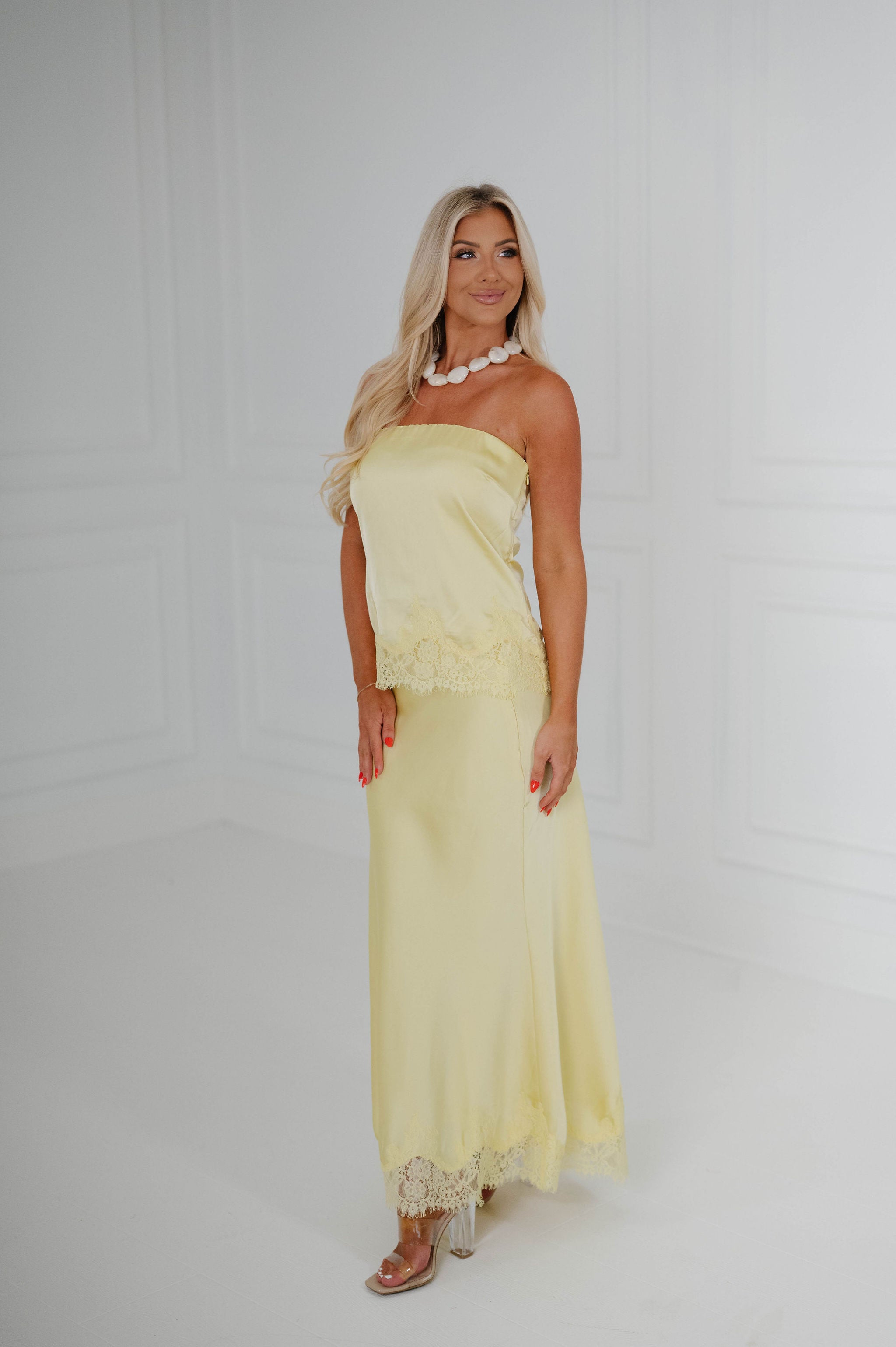 Zara Satin Lace Midi Skirt Set-Yellow