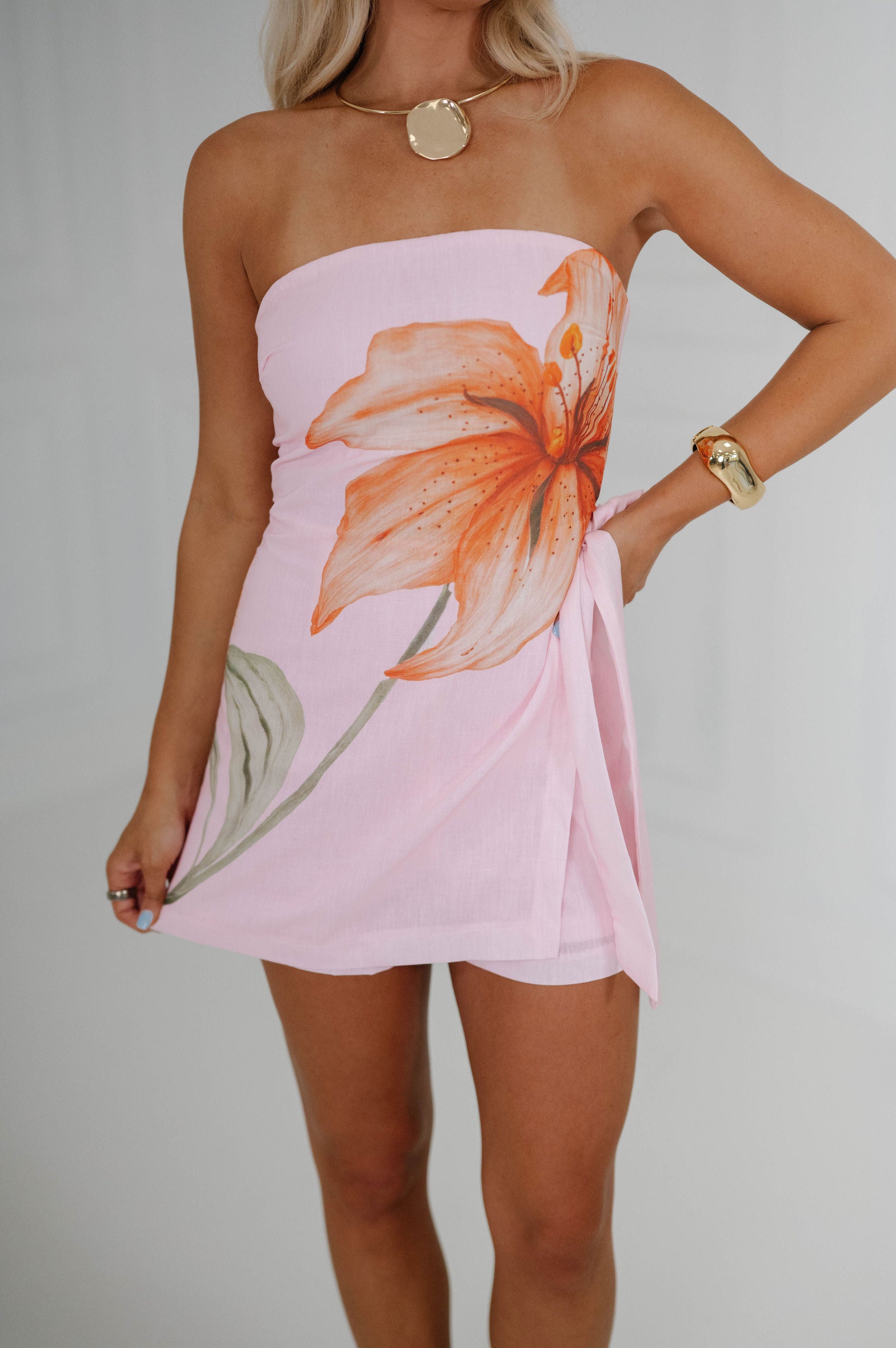 Scarlett Floral Strapless Romper-Pink