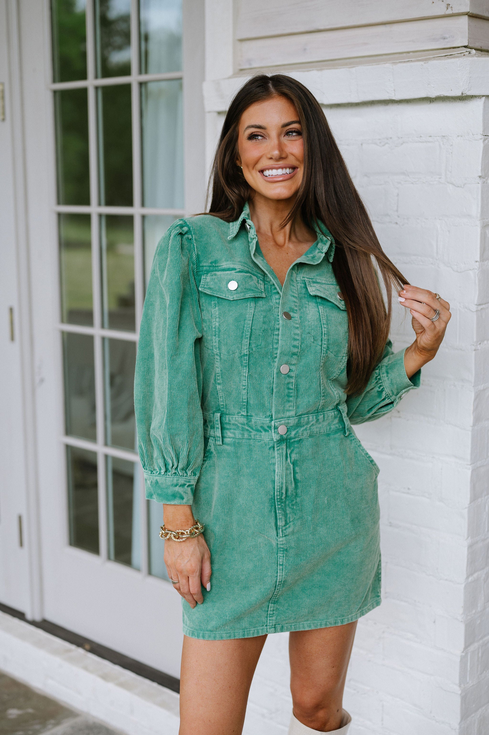 Corduroy Button Down Dress-Kelly Green