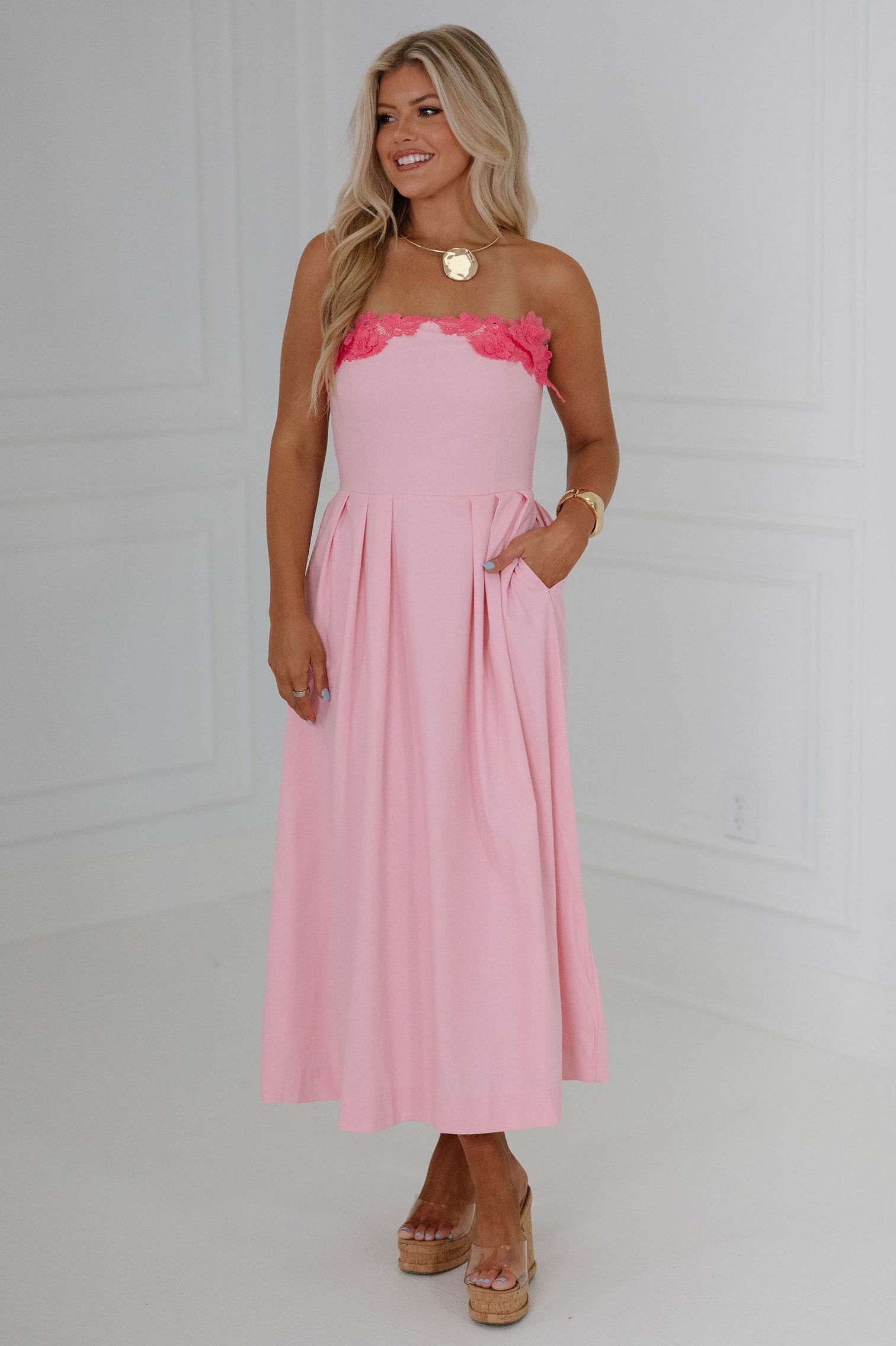 Jane Strapless Embroidered Detail Midi Dress-Pink