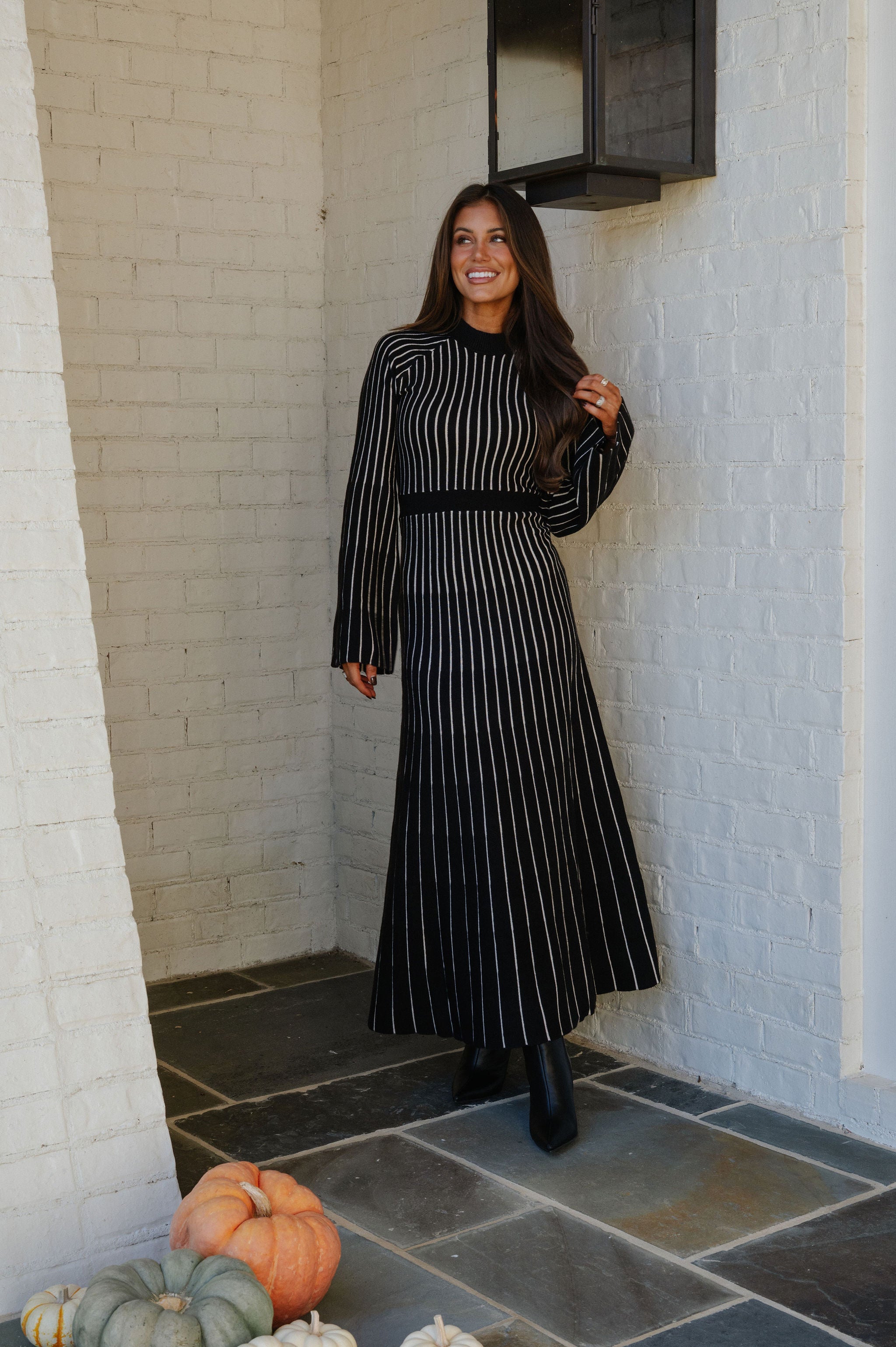 Striped Rib Knit Maxi Dress-Black