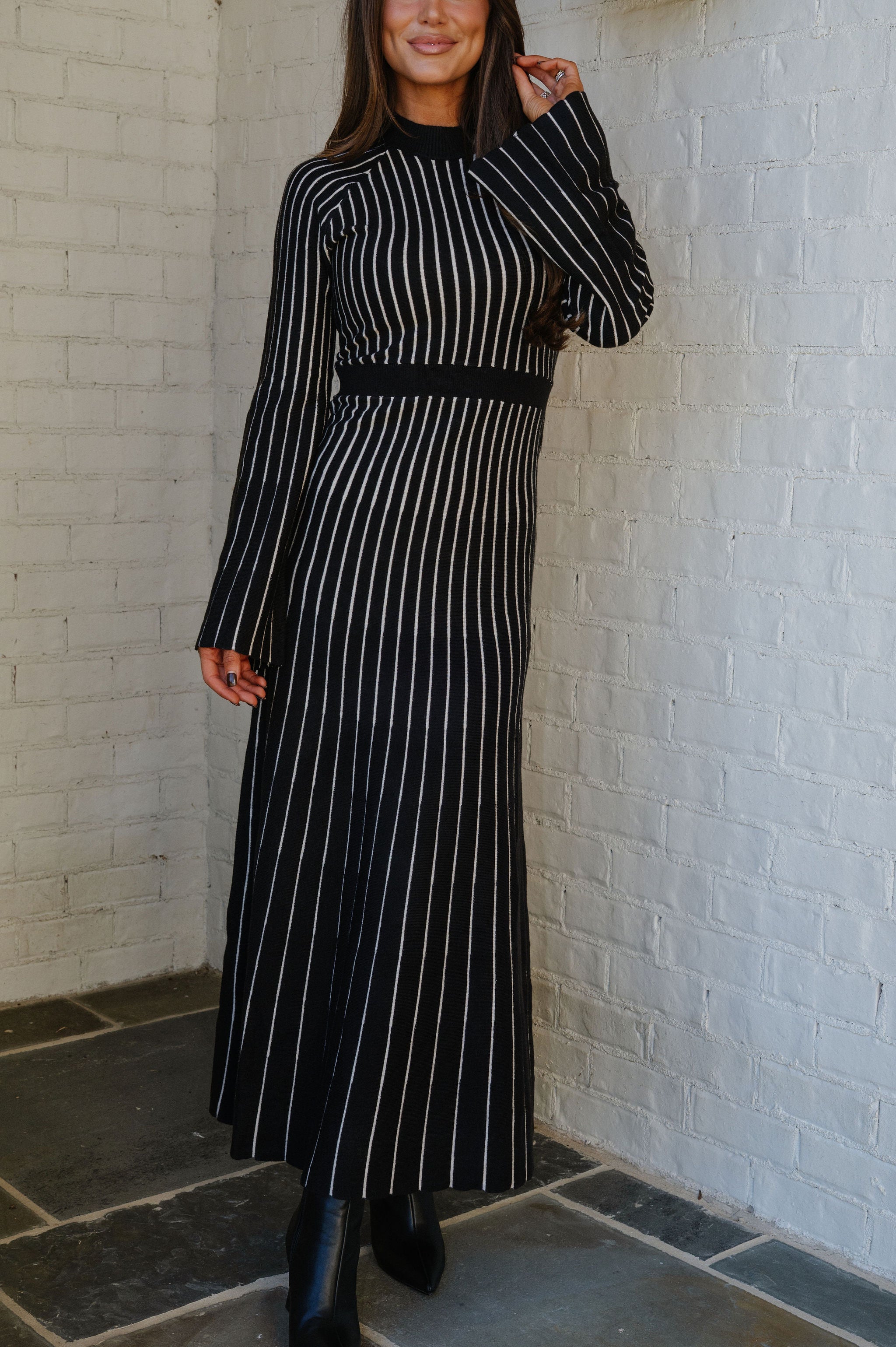 Striped Rib Knit Maxi Dress-Black