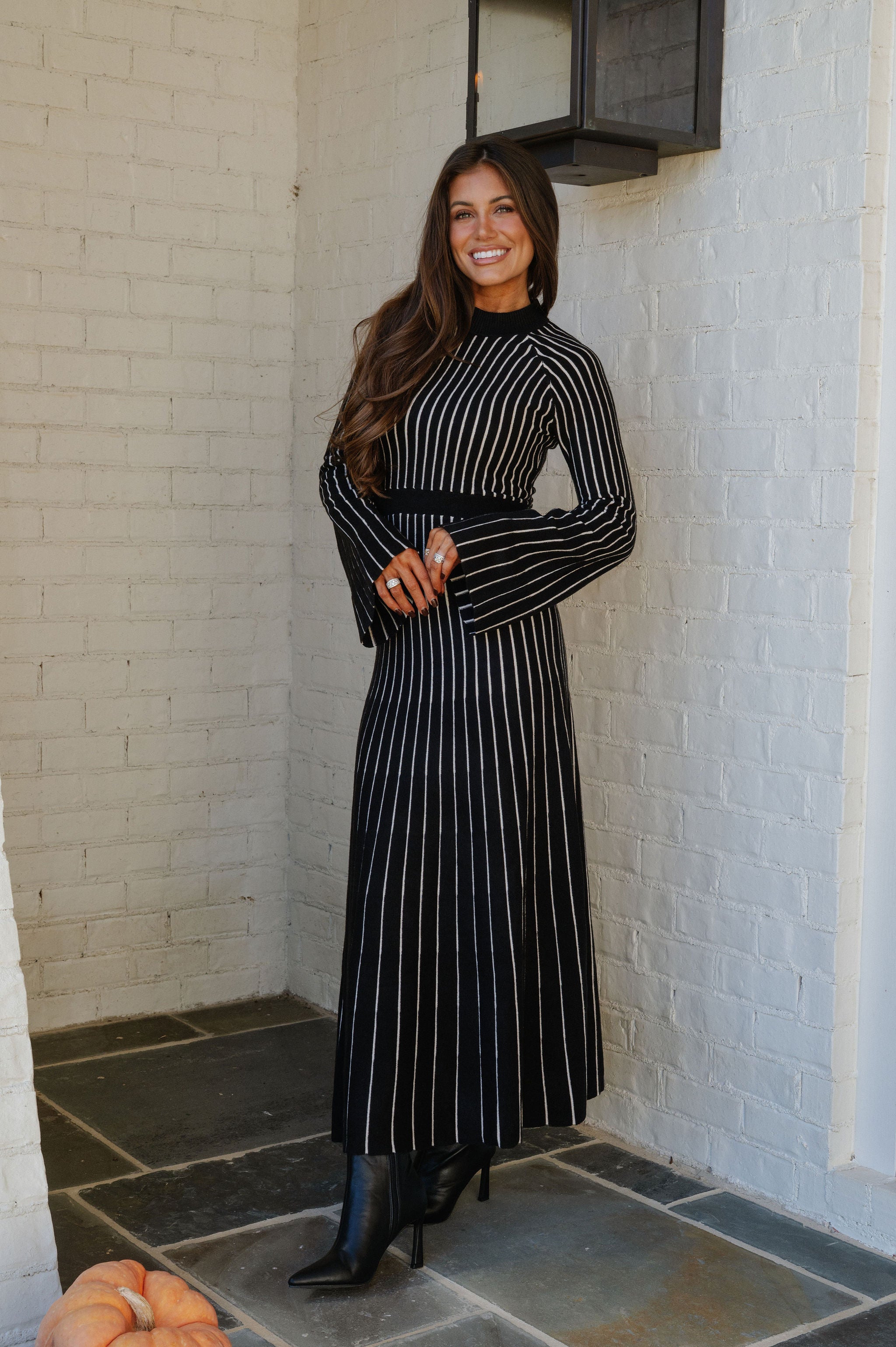 Striped Rib Knit Maxi Dress-Black