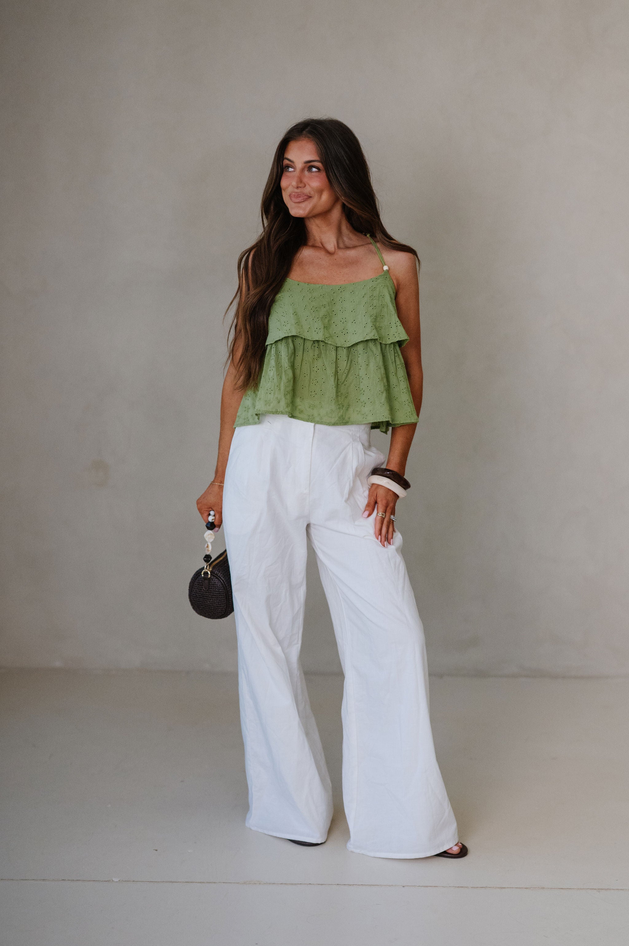 Caitlin Eyelet Top-Olive