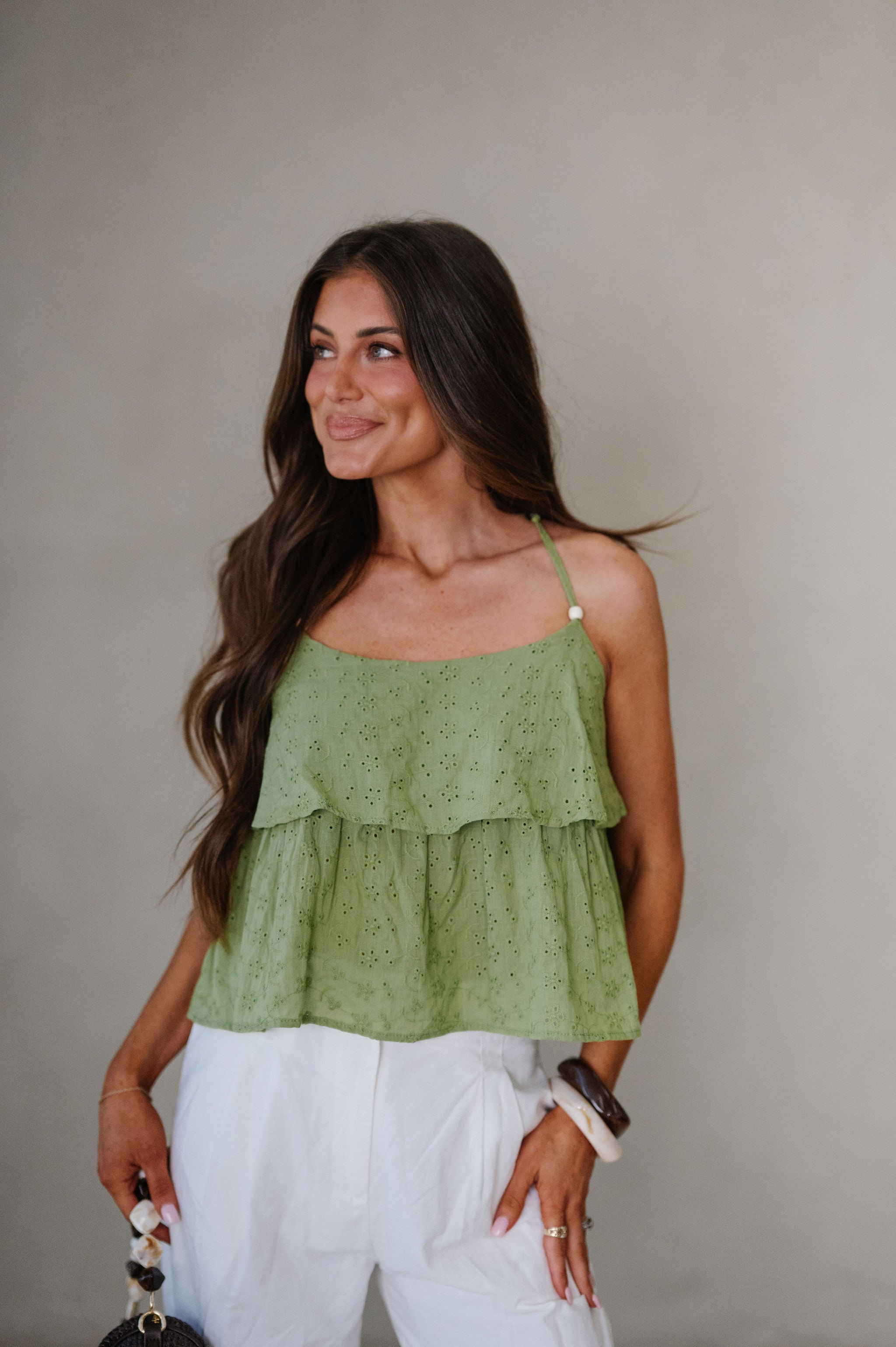 Caitlin Eyelet Top-Olive