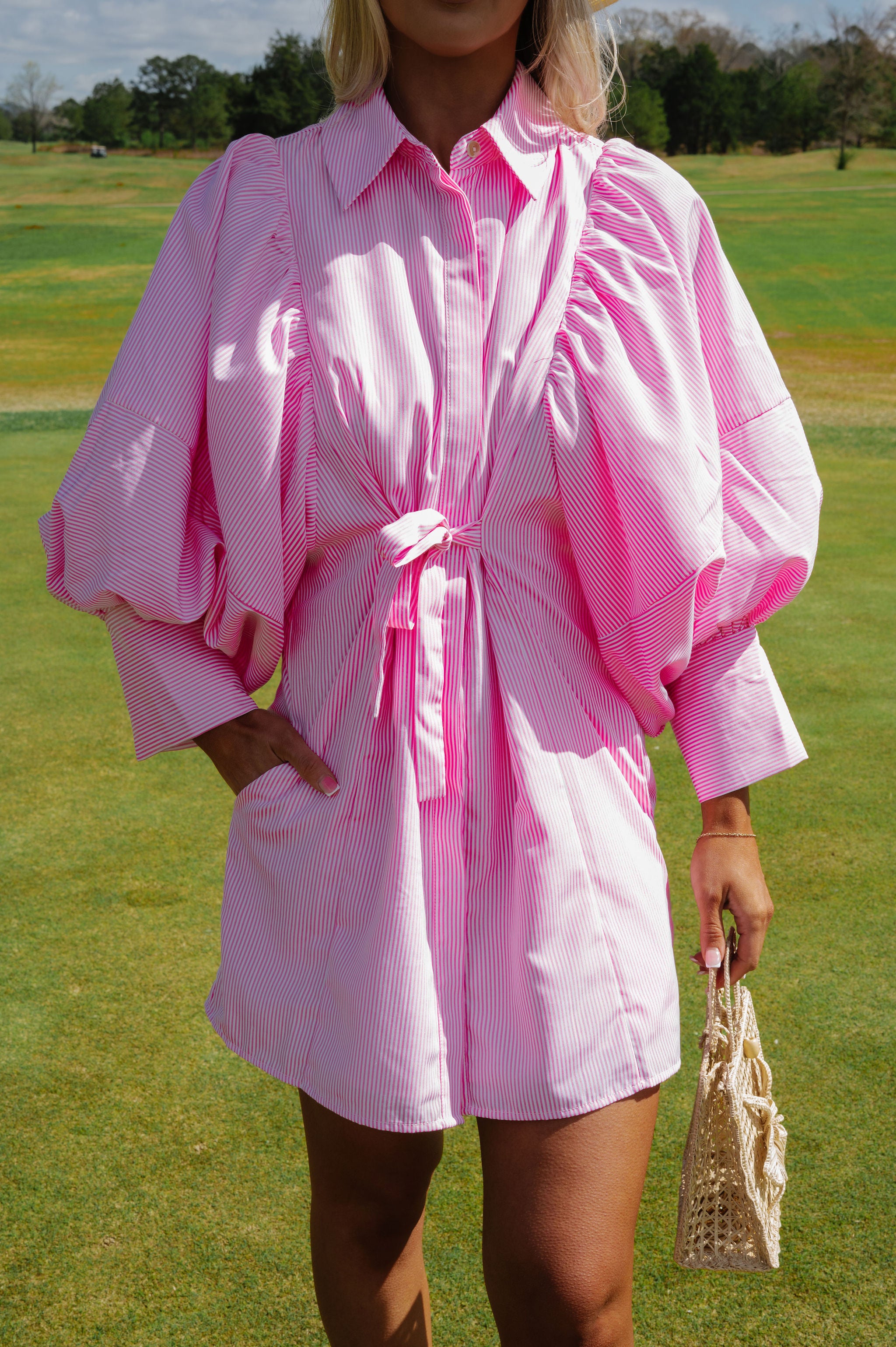 Puff Sleeve Mini Poplin Dress-Pink Stripe