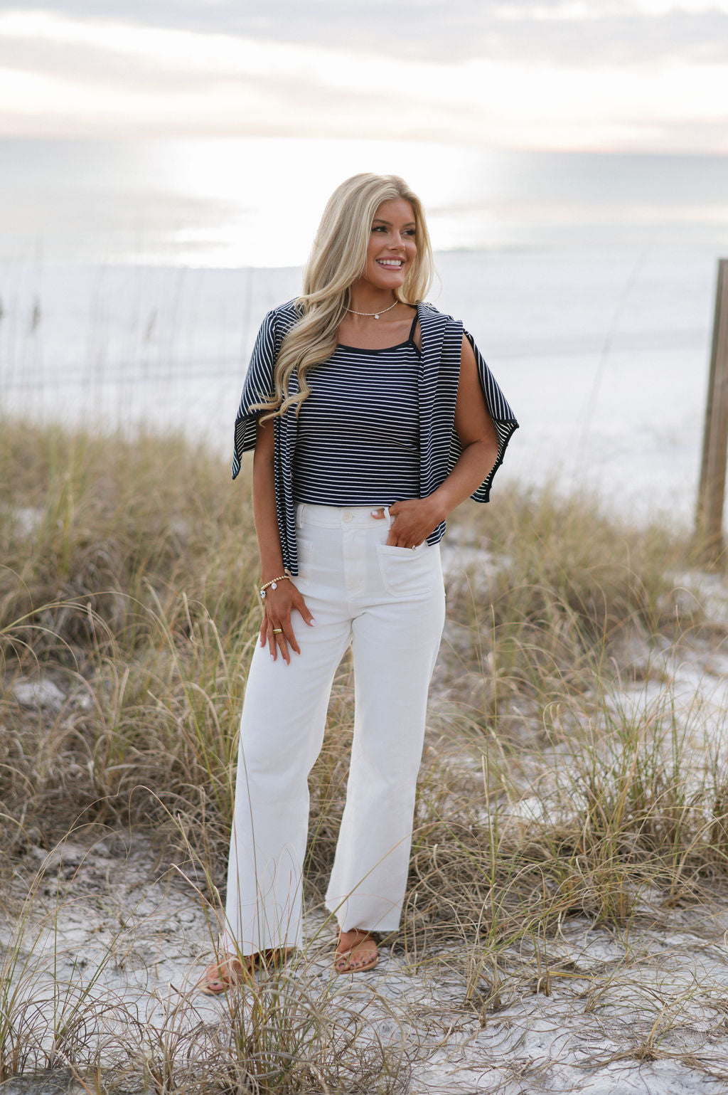 Striped Top & Cardigan Set-Navy/White