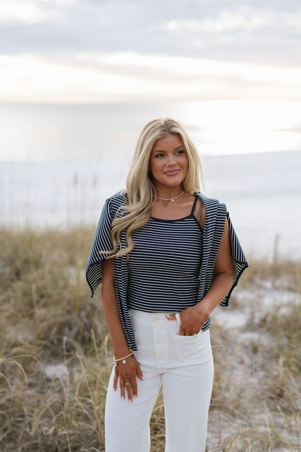 Striped Top & Cardigan Set-Navy/White