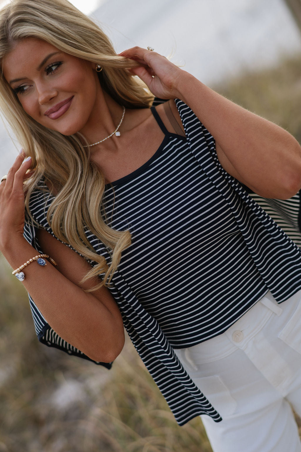 Striped Top & Cardigan Set-Navy/White