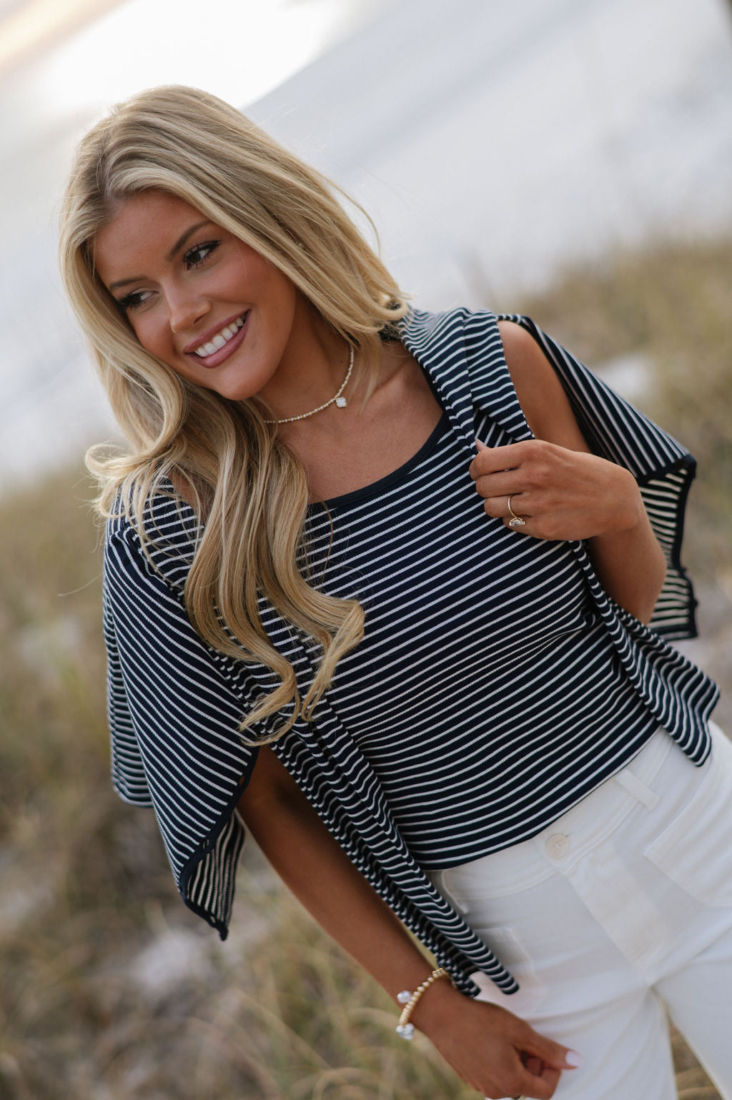 Striped Top & Cardigan Set-Navy/White