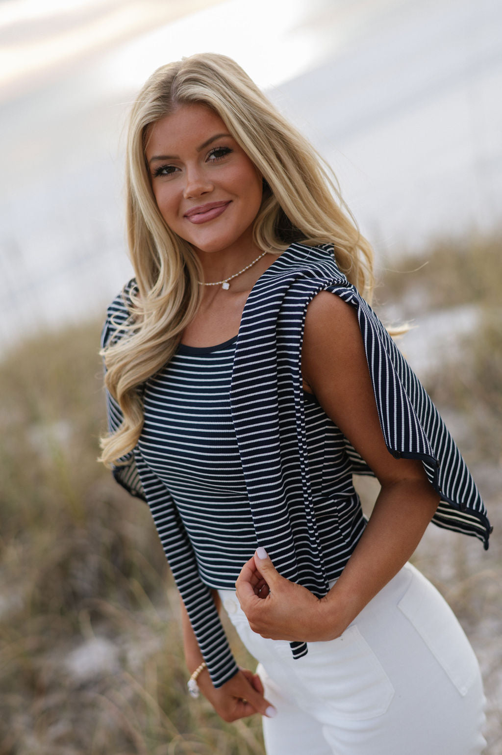 Striped Top & Cardigan Set-Navy/White