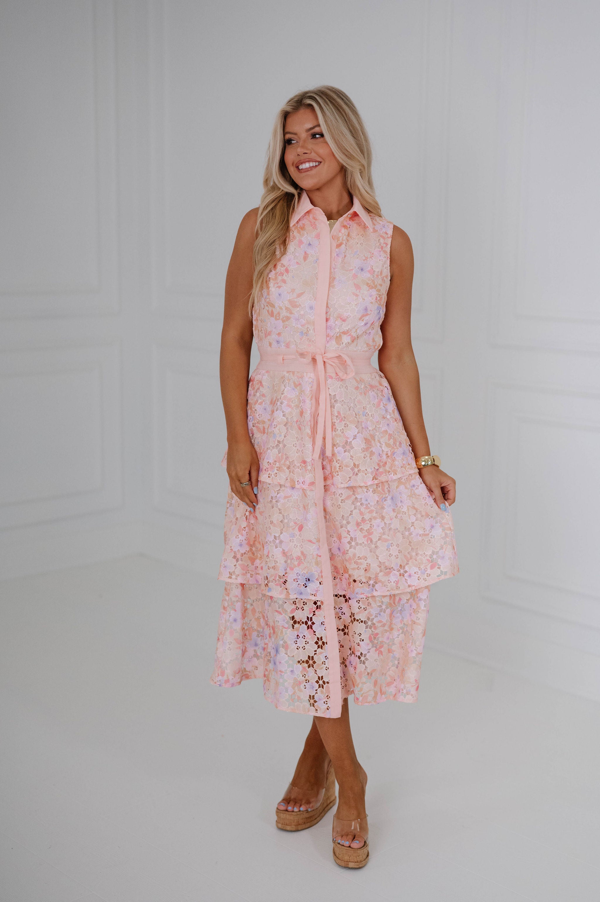 Floral Eyelet Tired Midi Dress-Coral/Lilac