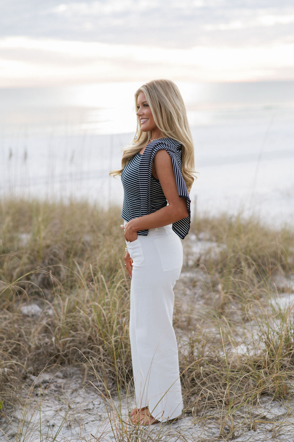 Striped Top & Cardigan Set-Navy/White