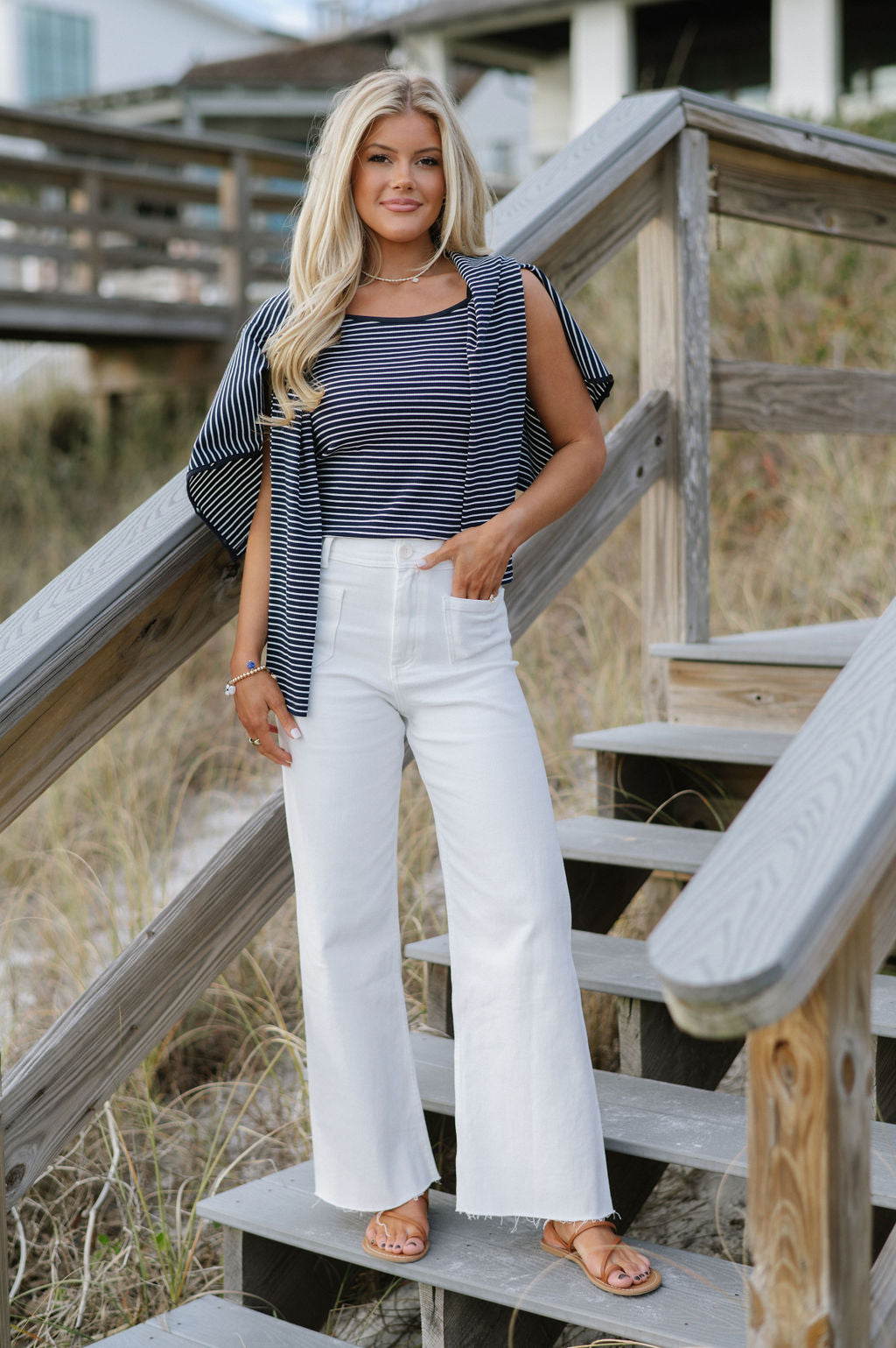 Striped Top & Cardigan Set-Navy/White