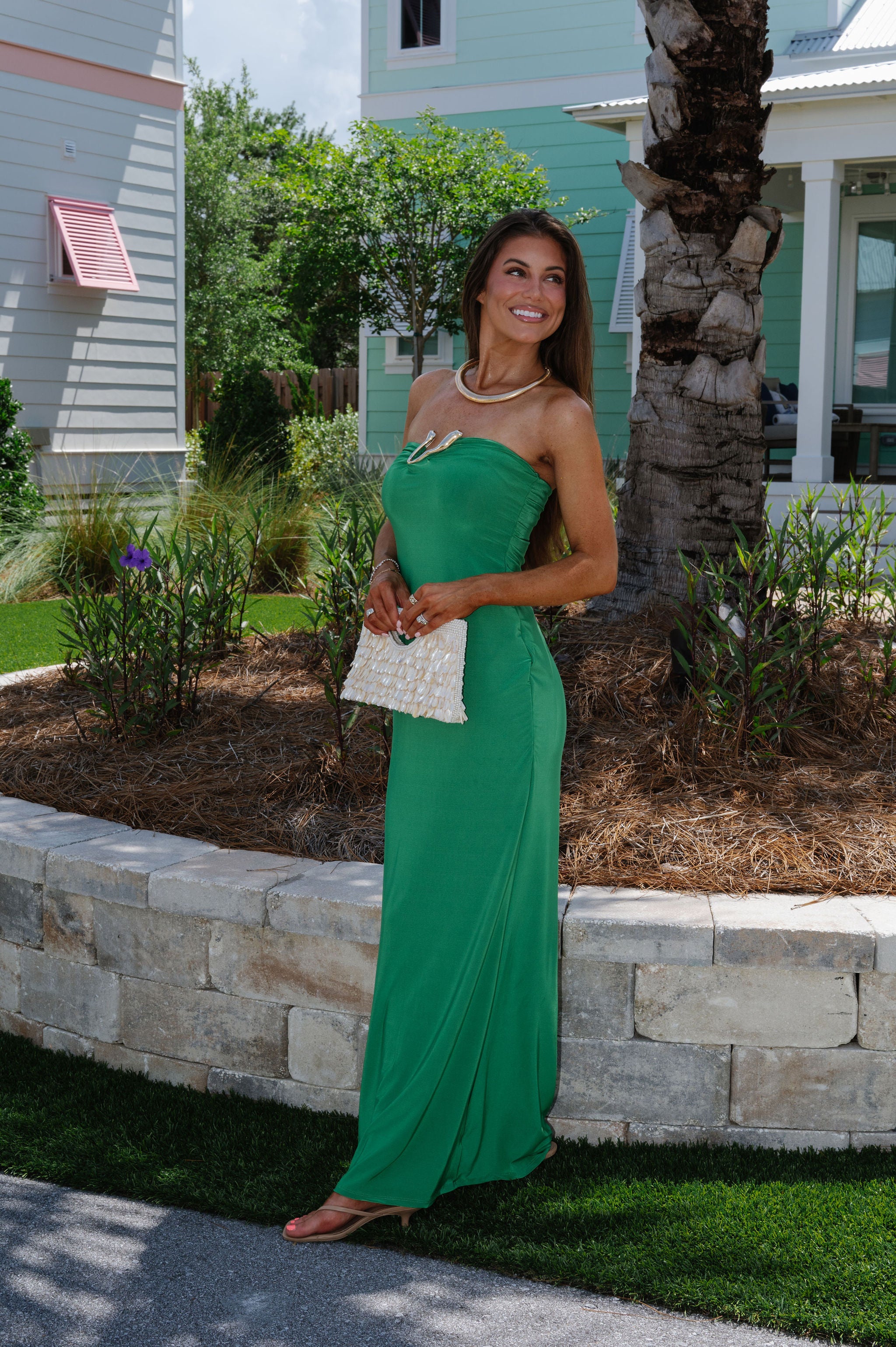 Abstract Chic Hardware Strapless Maxi Dress-Green