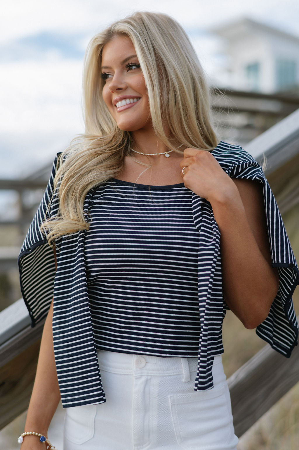 Striped Top & Cardigan Set-Navy/White