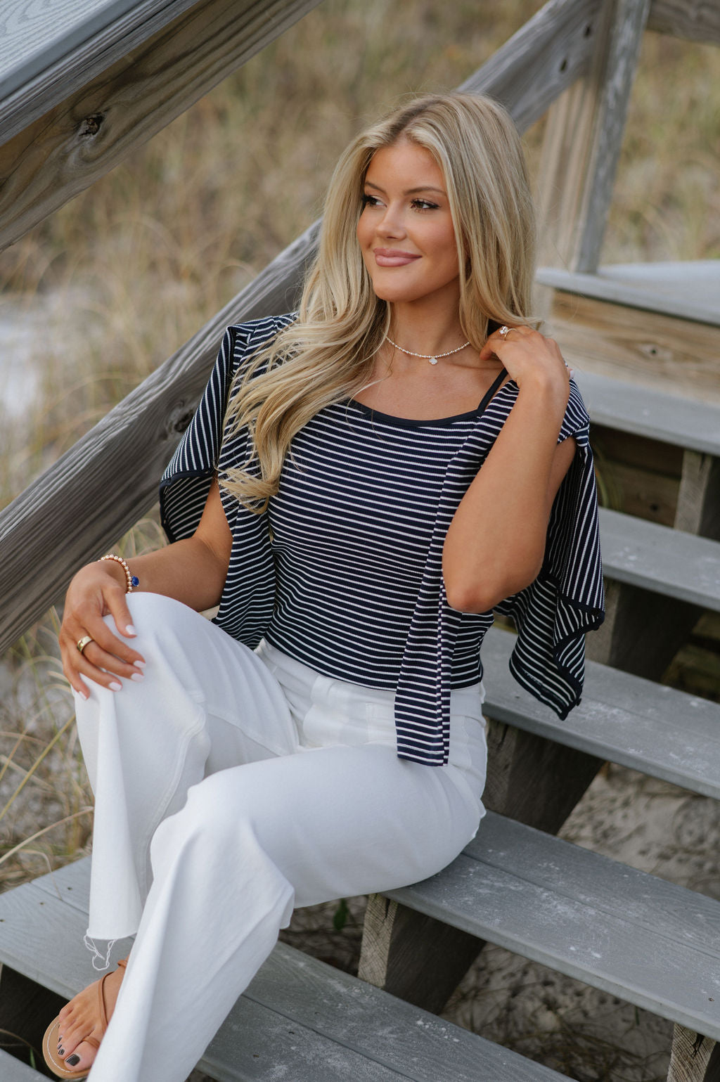 Striped Top & Cardigan Set-Navy/White