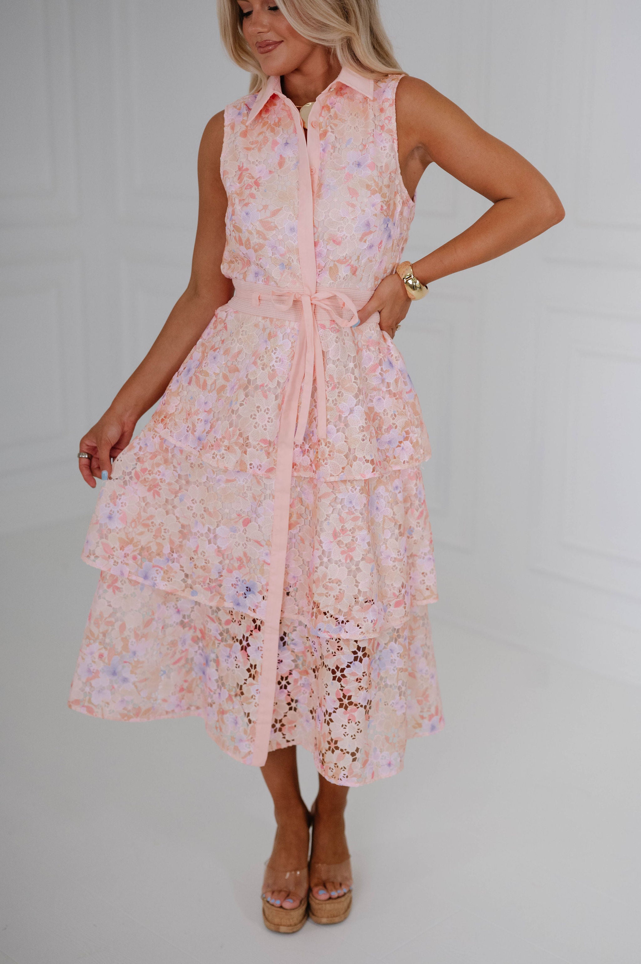 Floral Eyelet Tired Midi Dress-Coral/Lilac