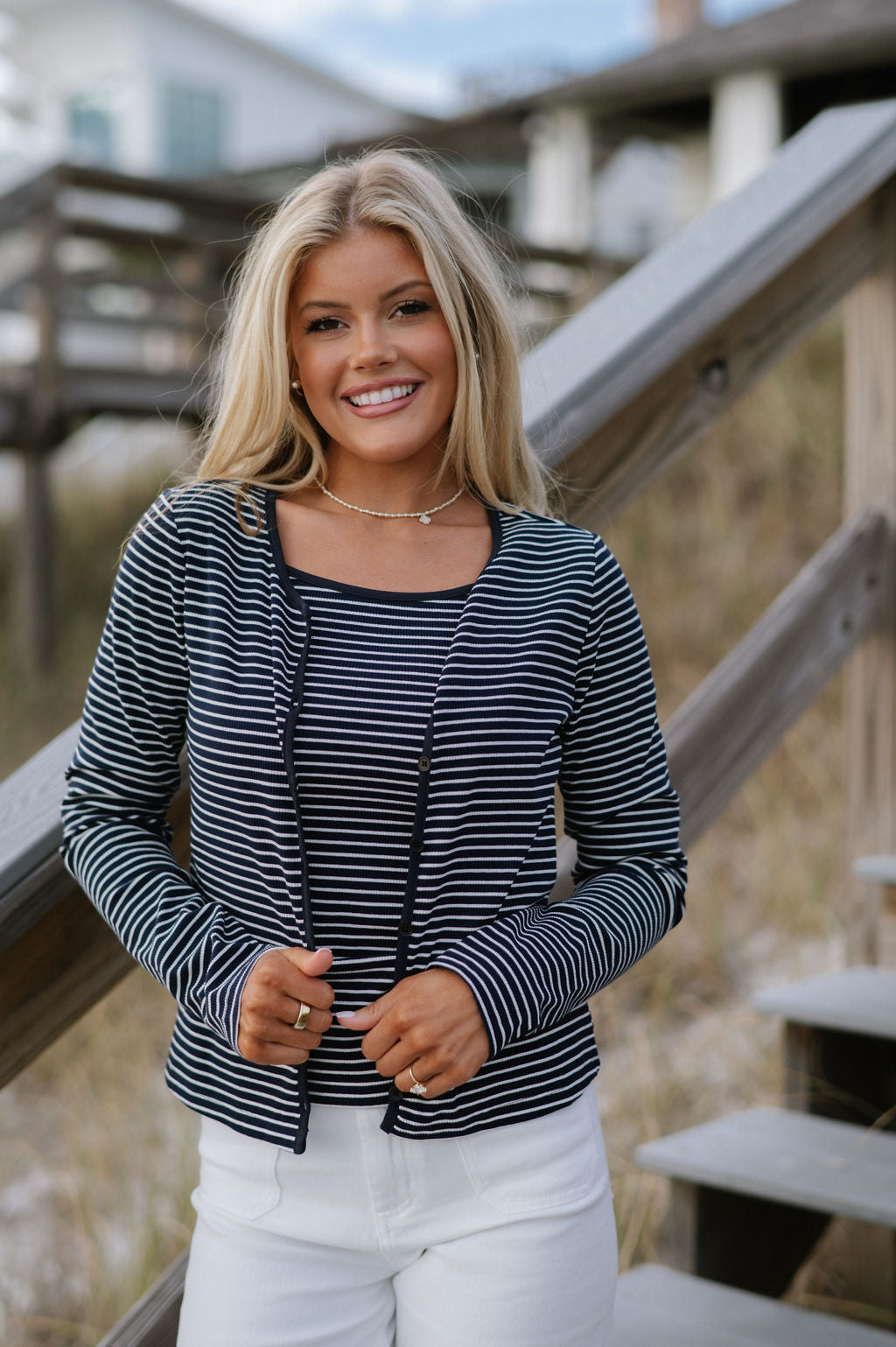 Striped Top & Cardigan Set-Navy/White