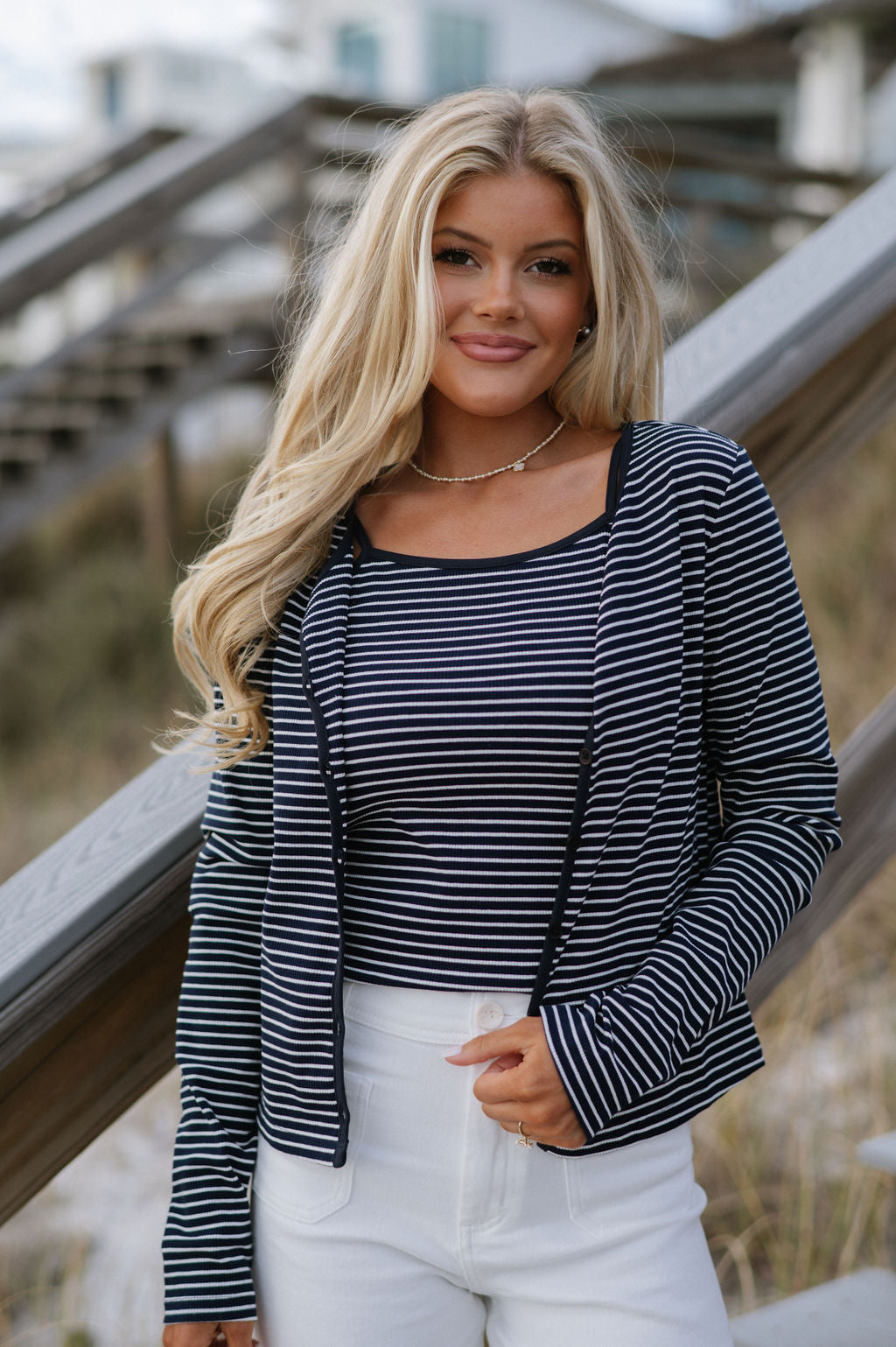 Striped Top & Cardigan Set-Navy/White