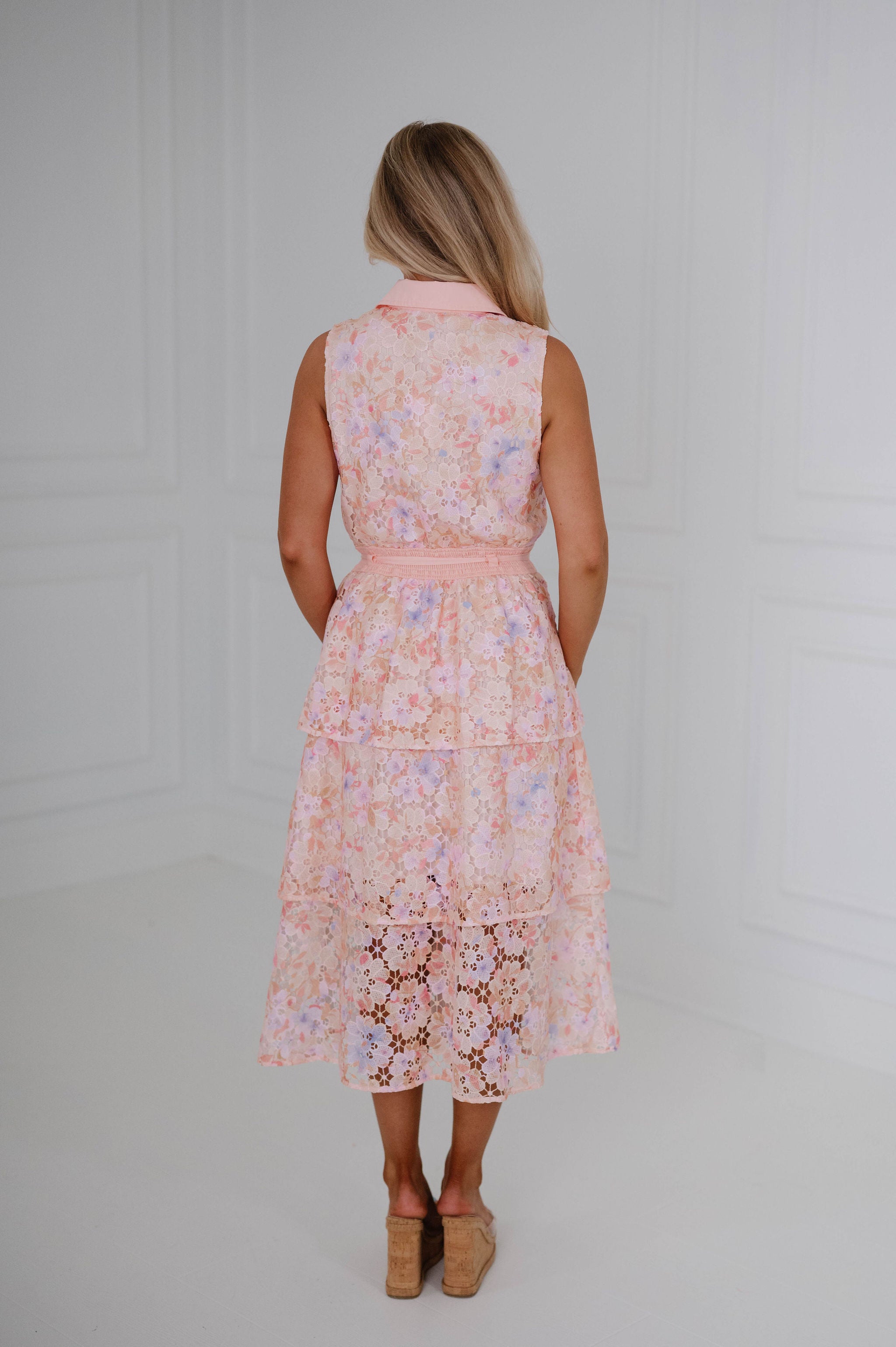 Floral Eyelet Tired Midi Dress-Coral/Lilac