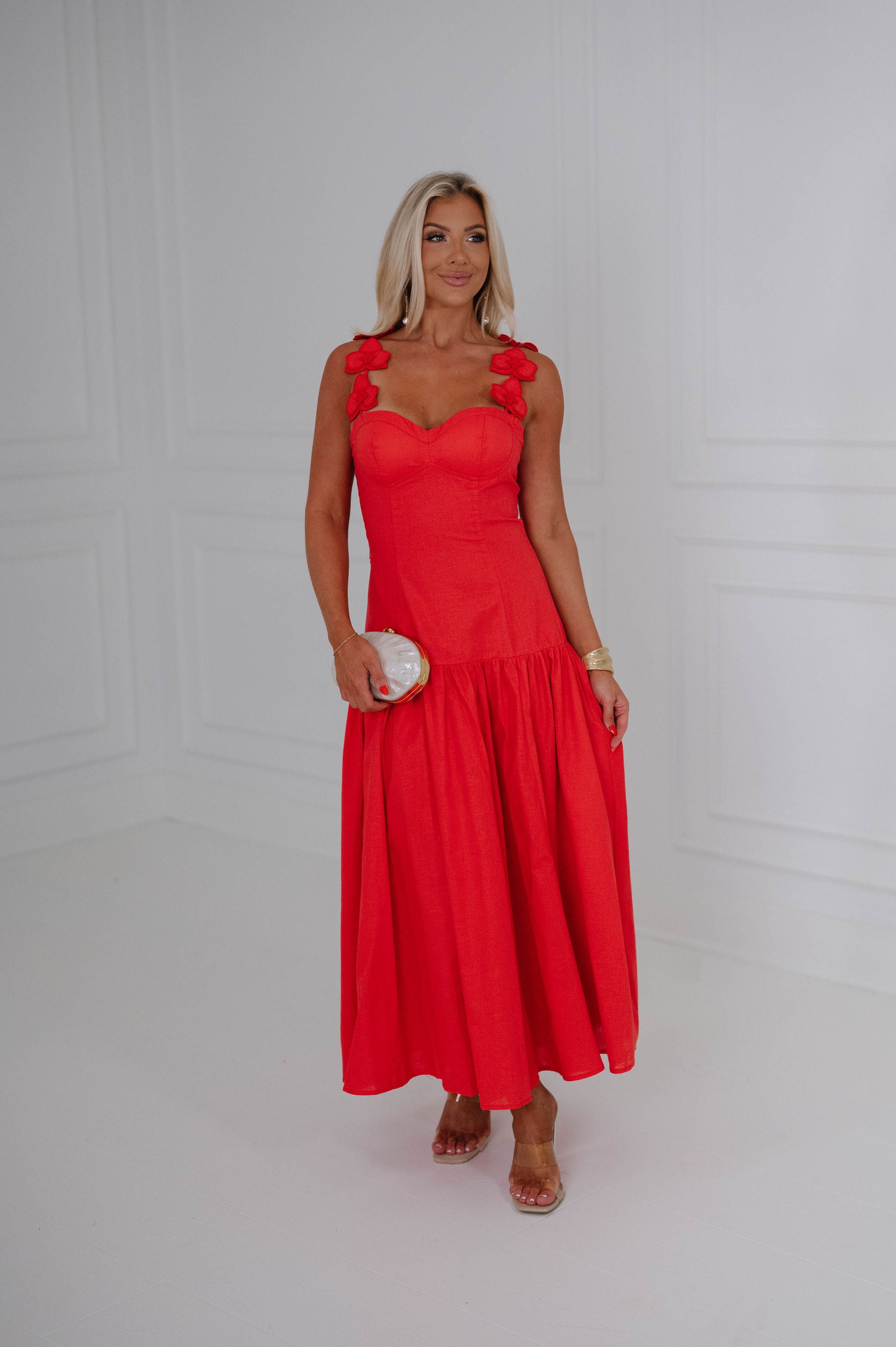 Floral Applique Sweetheart Midi Dress-Red