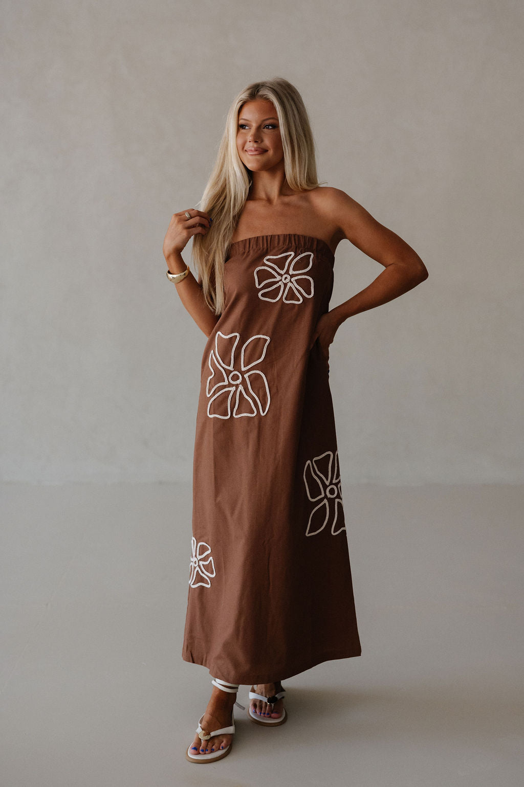Floral Embroidered Tube Maxi Dress-Brown