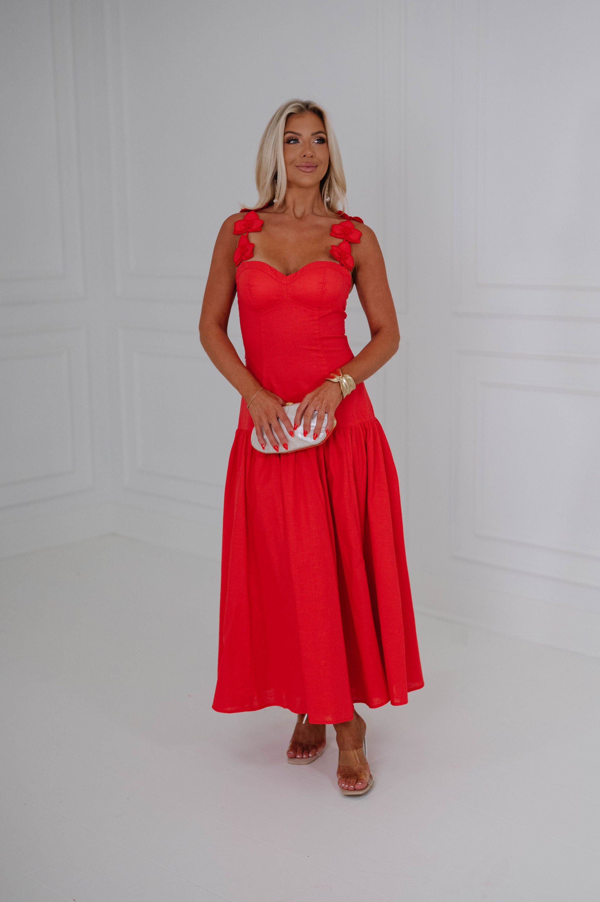Floral Applique Sweetheart Midi Dress-Red