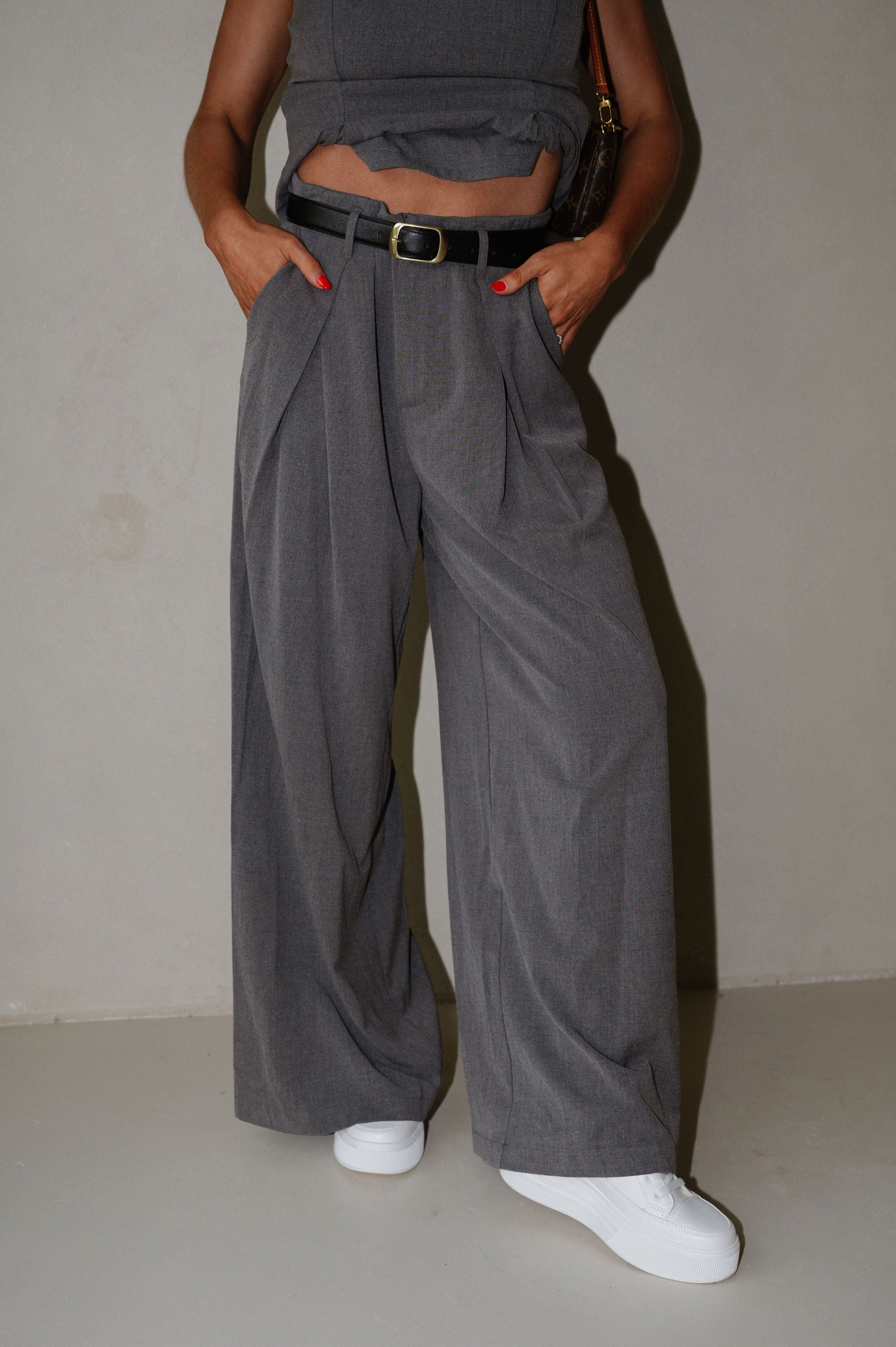 Taylor Pleated Pants Set-Dark Heather Grey