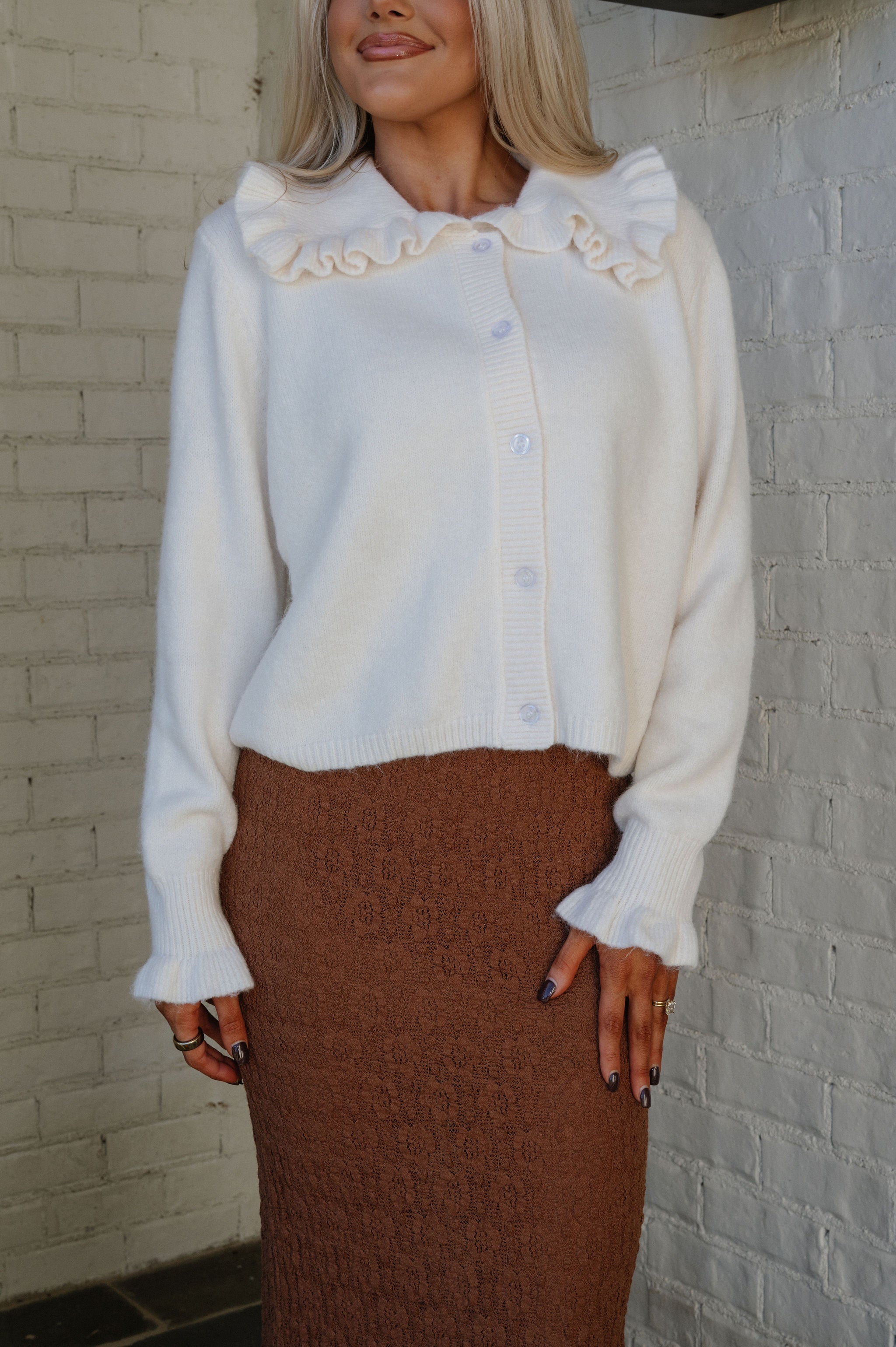 Ria Ruffle Collar Cardigan-Ivory