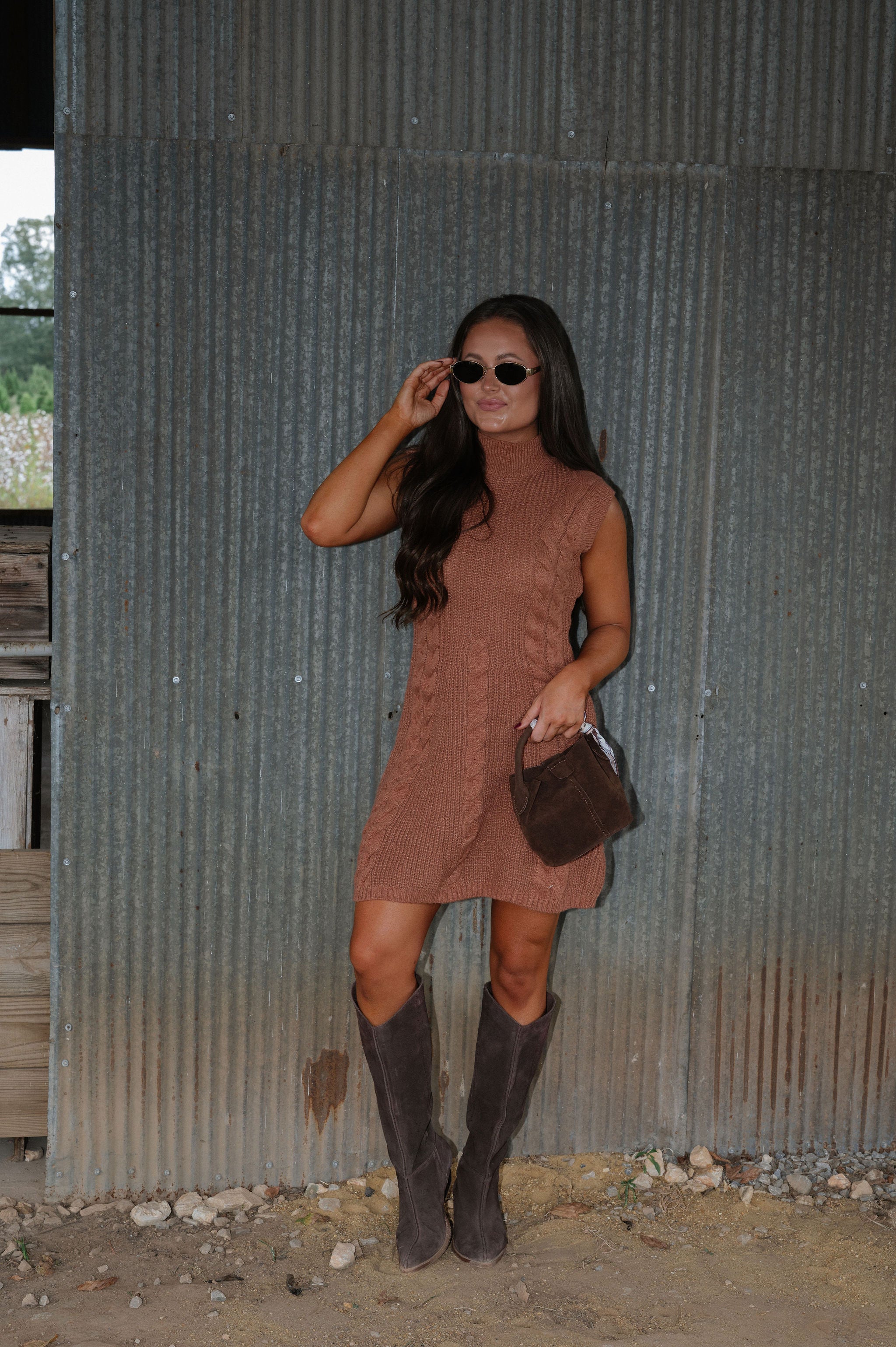 Rori Cable Knit Mini Dress-Burnt Brown