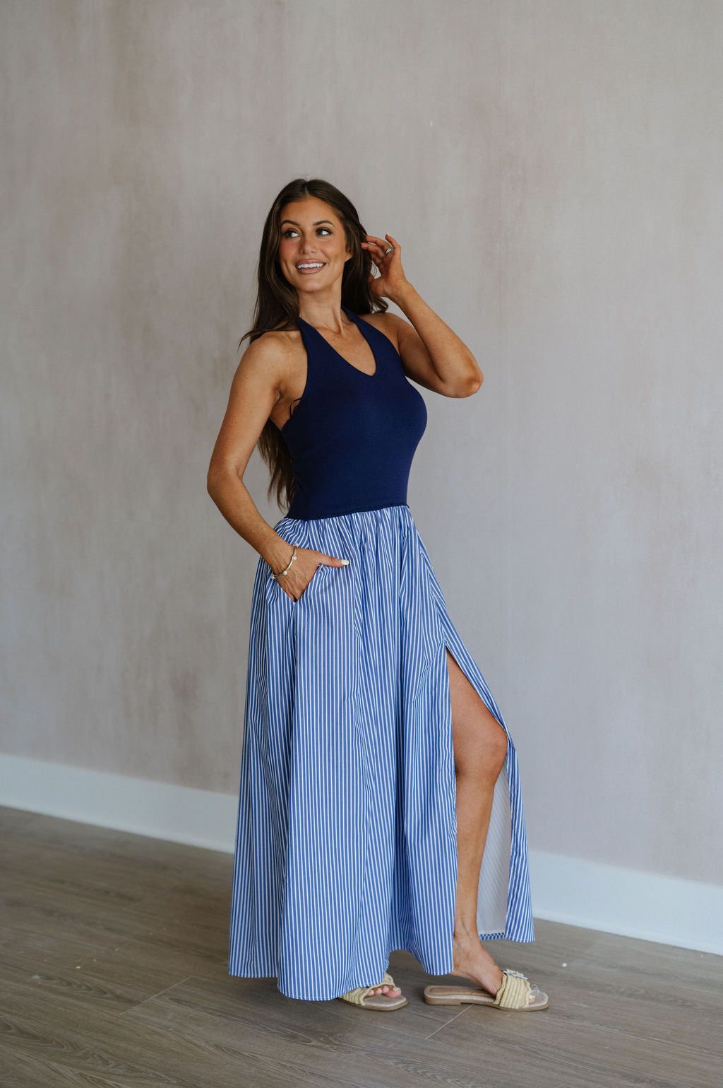 Hanna Striped Maxi Dress-Blue