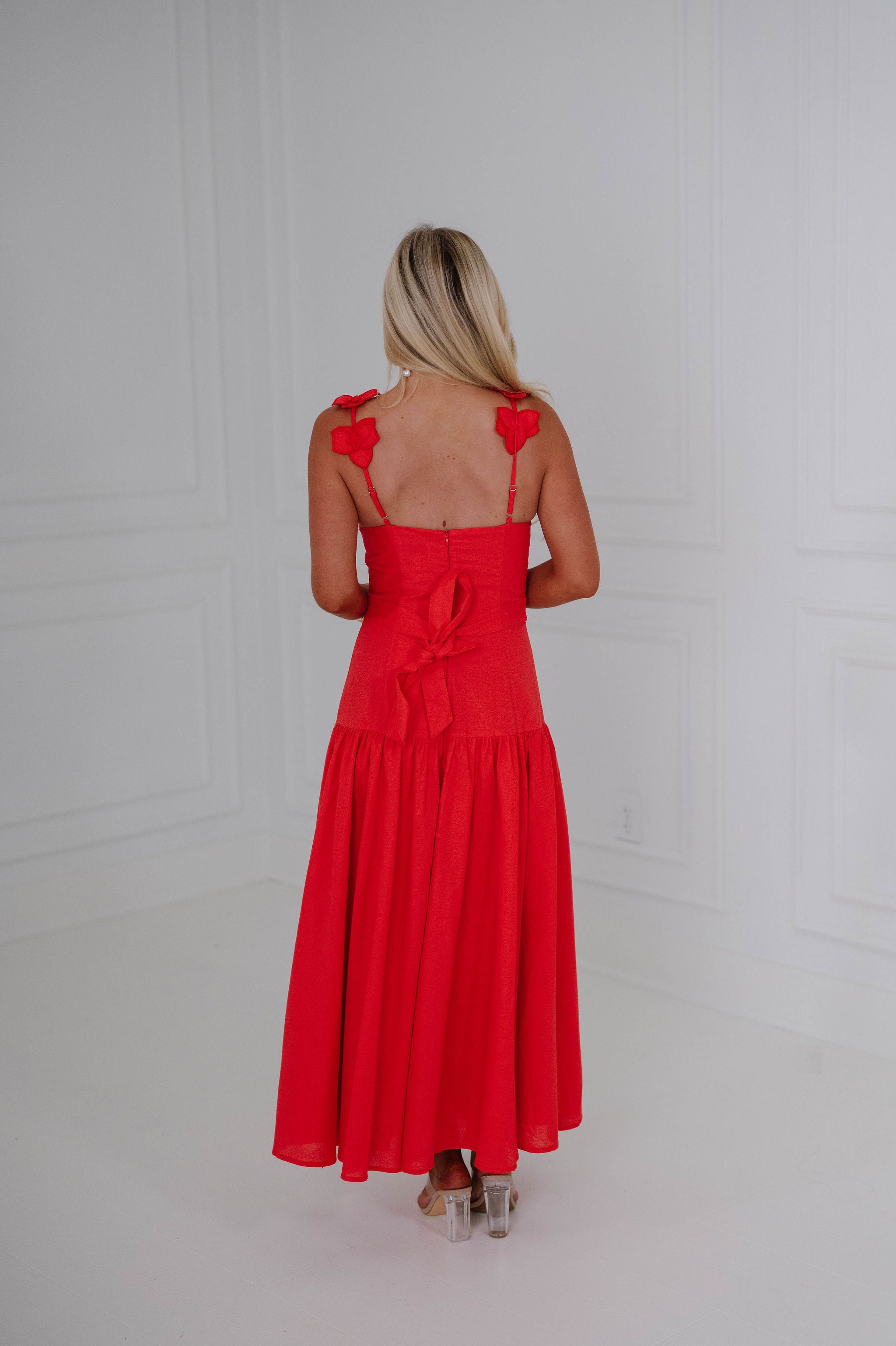 Floral Applique Sweetheart Midi Dress-Red