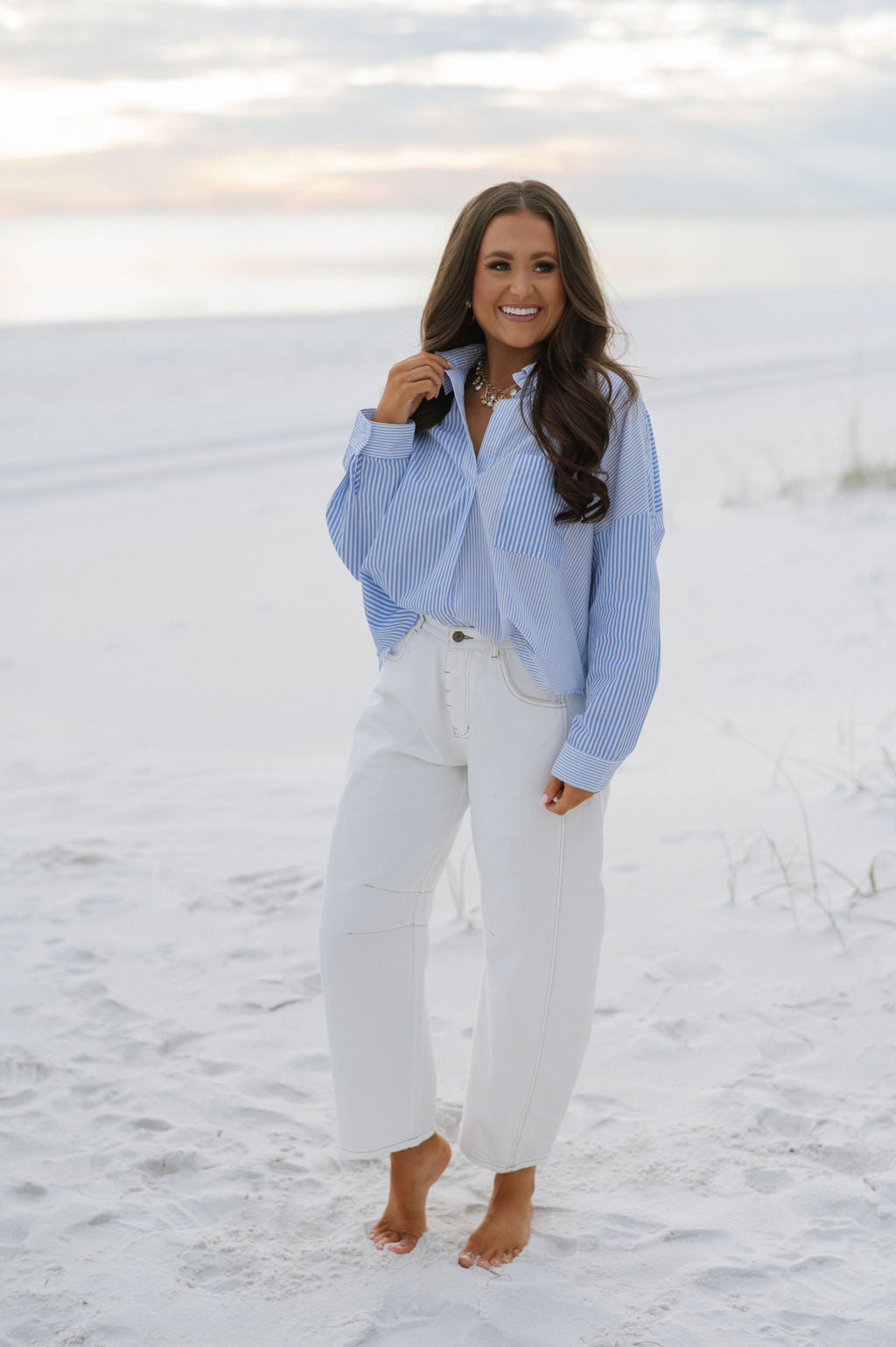 V-Neck Striped Blouse-Blue